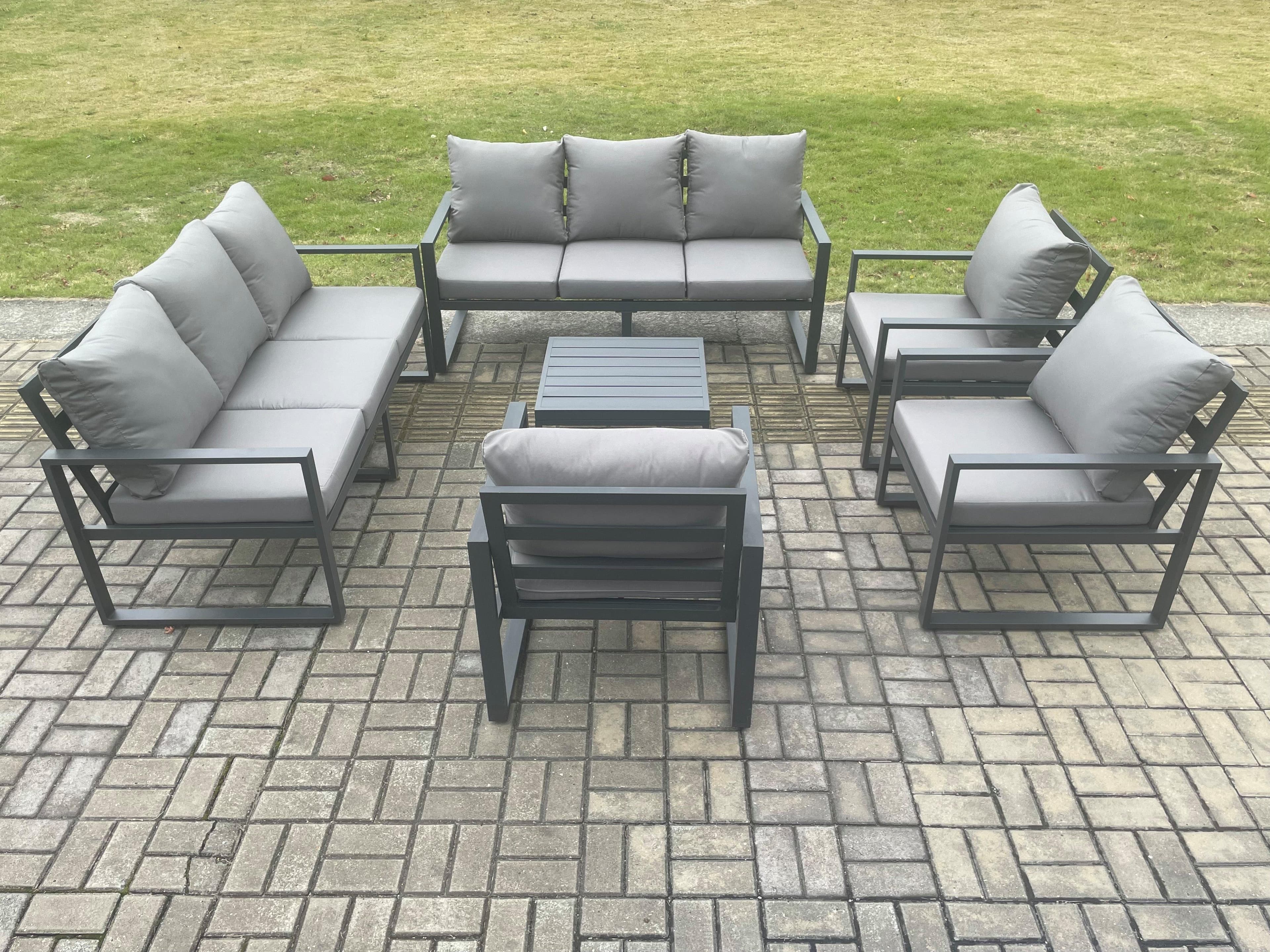 Aluminium Outdoor Garden Furniture Set Patio Lounge Sofa Square Coffee Table 3 Armchairs Dark Grey