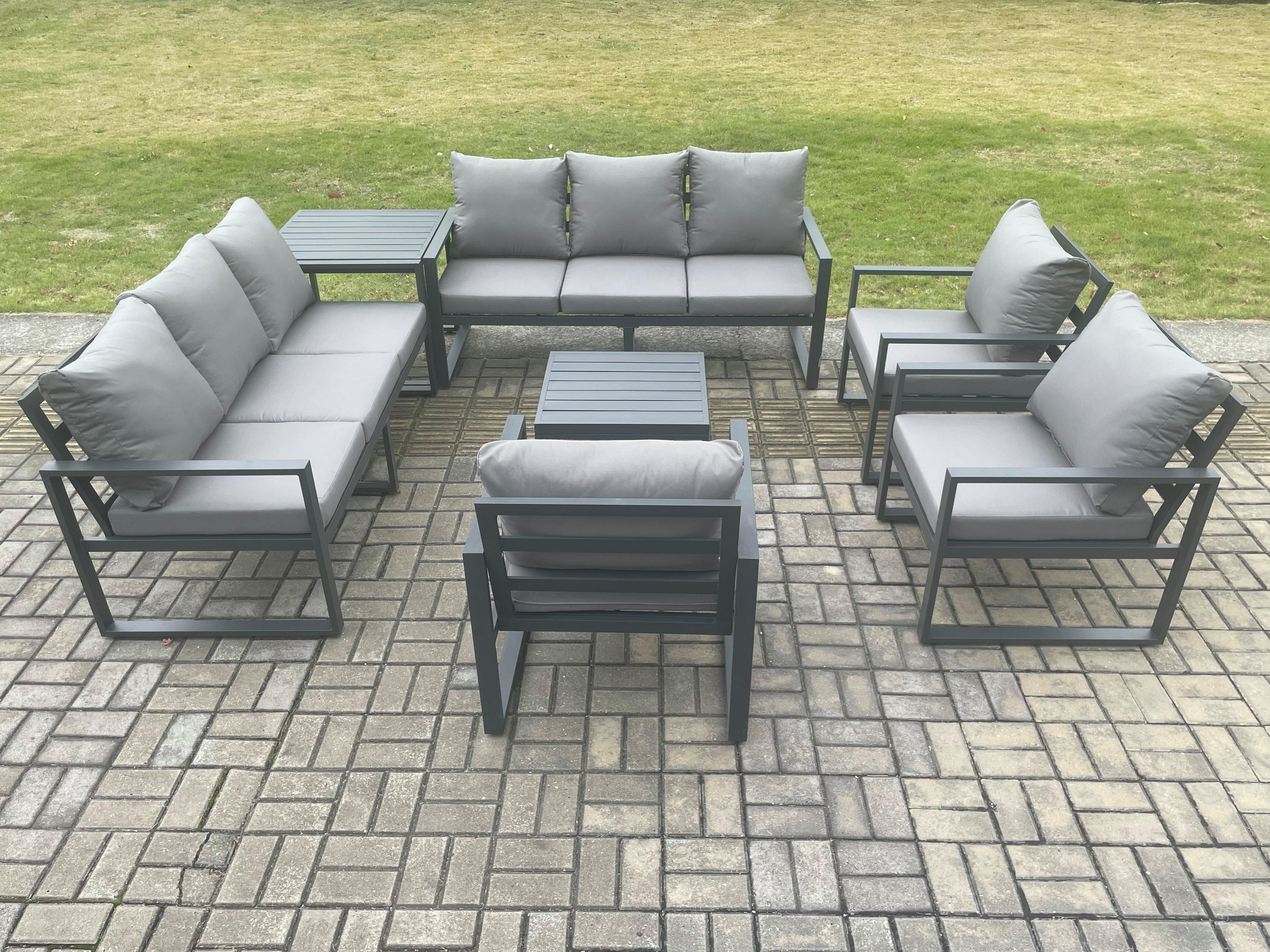 Aluminium Outdoor Garden Furniture Set Patio Lounge Sofa Square Coffee Table 3 Armchairs Side Table Dark Grey