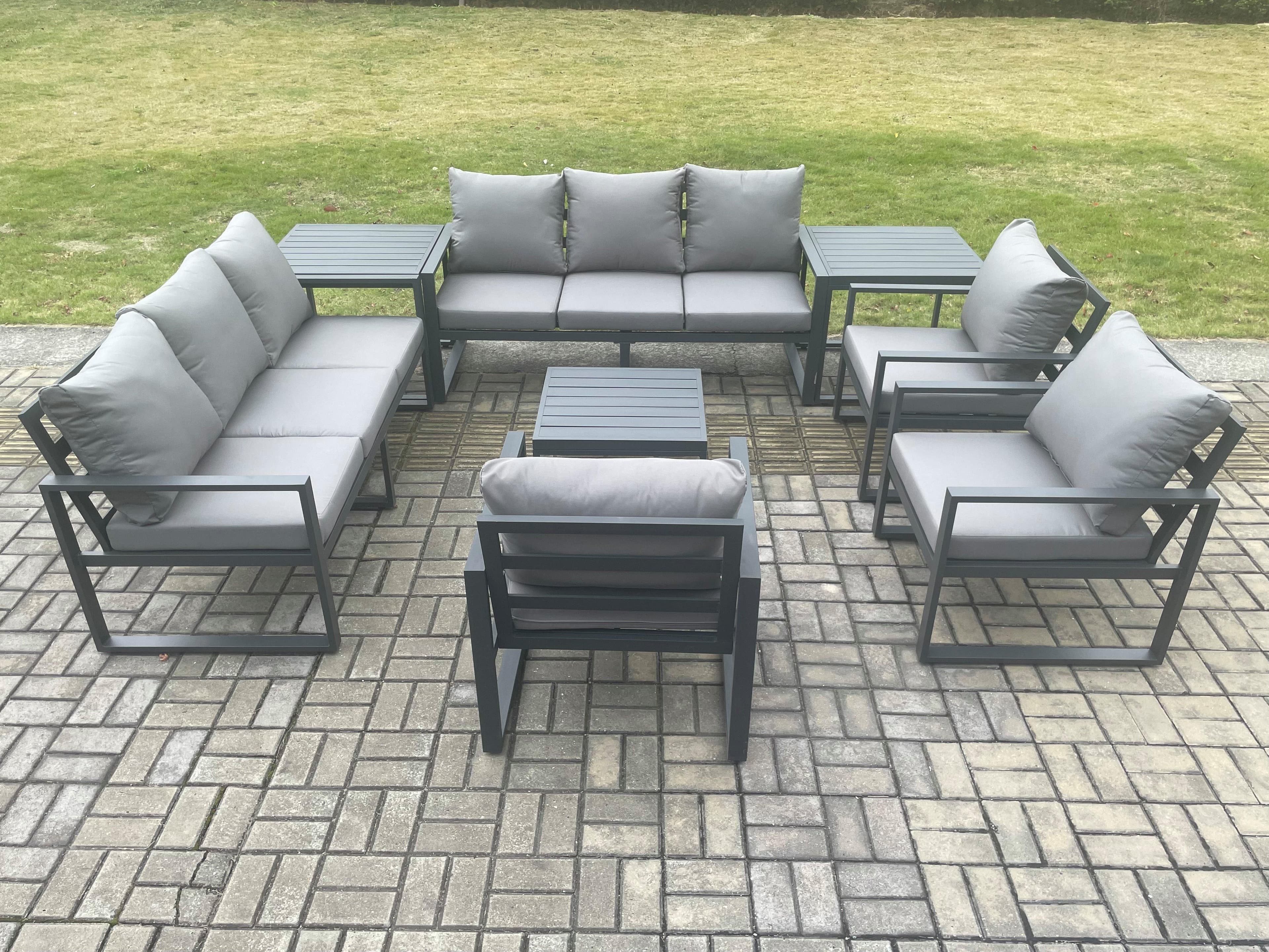 Aluminium Outdoor Garden Furniture Set Patio Lounge Sofa Square Coffee Table 3 Armchairs 2 Side Tables Dark Grey