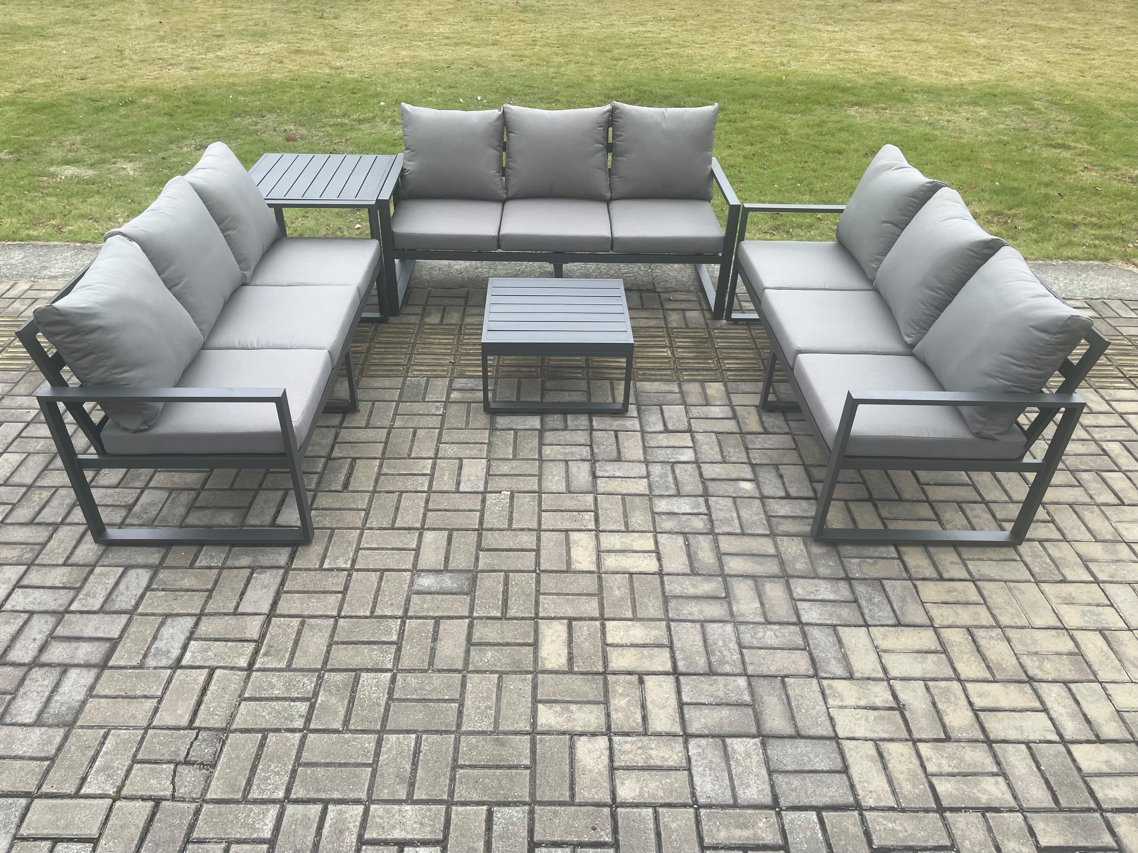 Aluminium 9 Seater Outdoor Garden Furniture Set Patio Lounge Sofa Square Coffee Table Side Table Conservatory Set Dark Grey