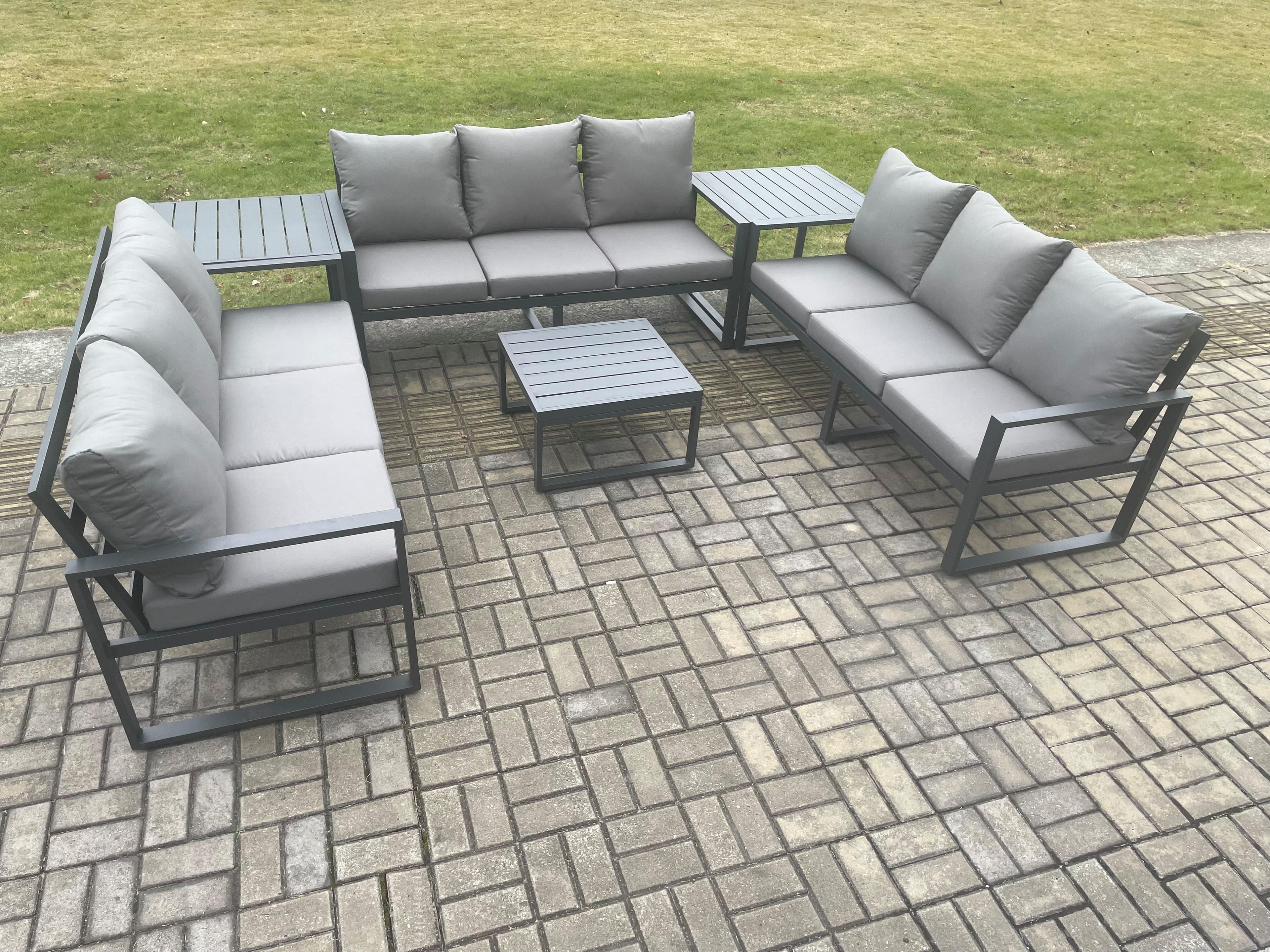 Aluminium 9 Seater Outdoor Garden Furniture Set Patio Lounge Sofa Square Coffee Table 2 Side Tables Conservatory Set Dark Grey