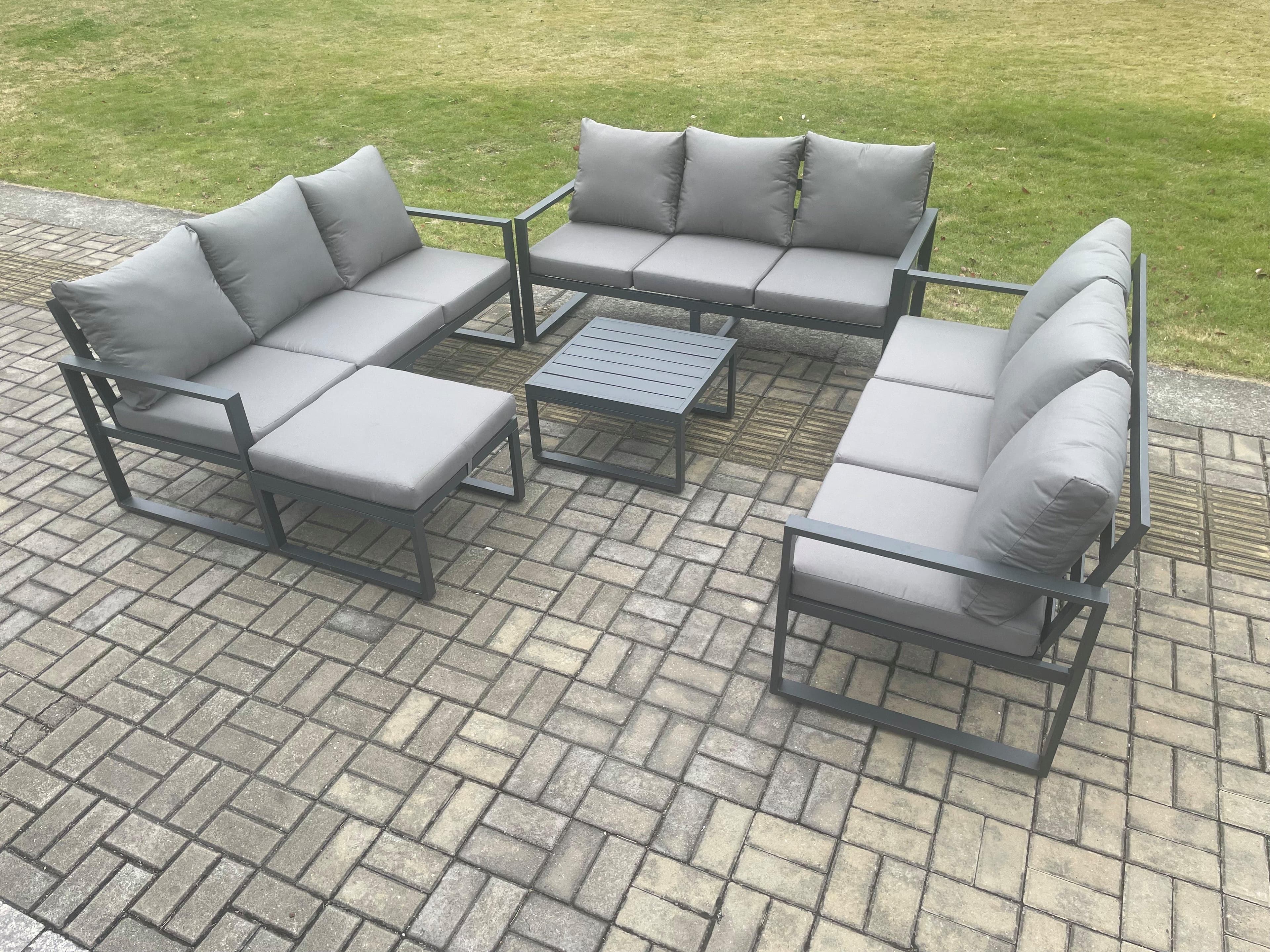 Aluminium 10 Seater Outdoor Garden Furniture Set Patio Lounge Sofa Square Coffee Table Big Footstool Conservatory Set Dark Grey