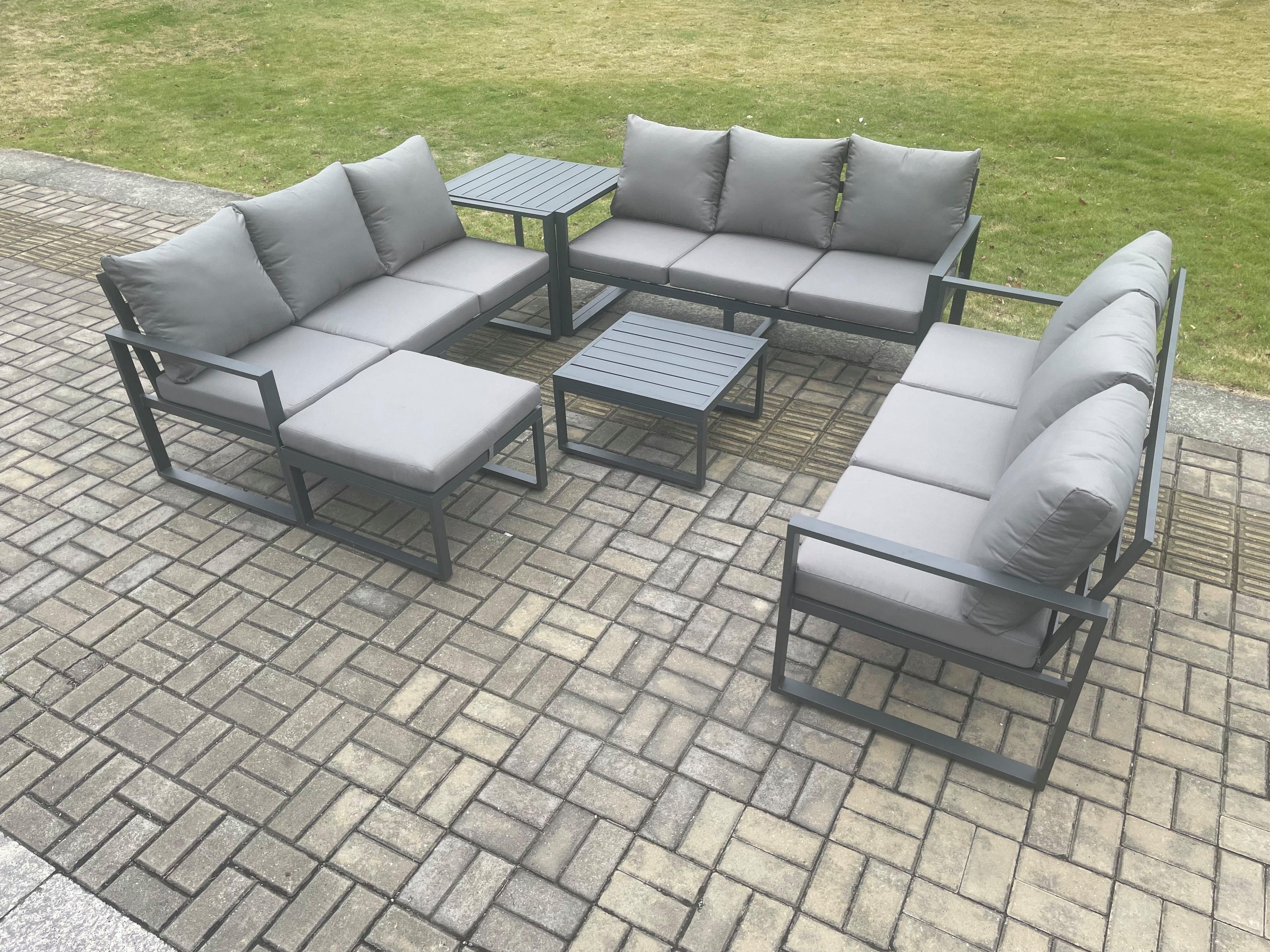 Aluminium 10 Seater Outdoor Garden Furniture Set Patio Lounge Sofa Square Coffee Table Side Table Big Footstool Conservatory Set