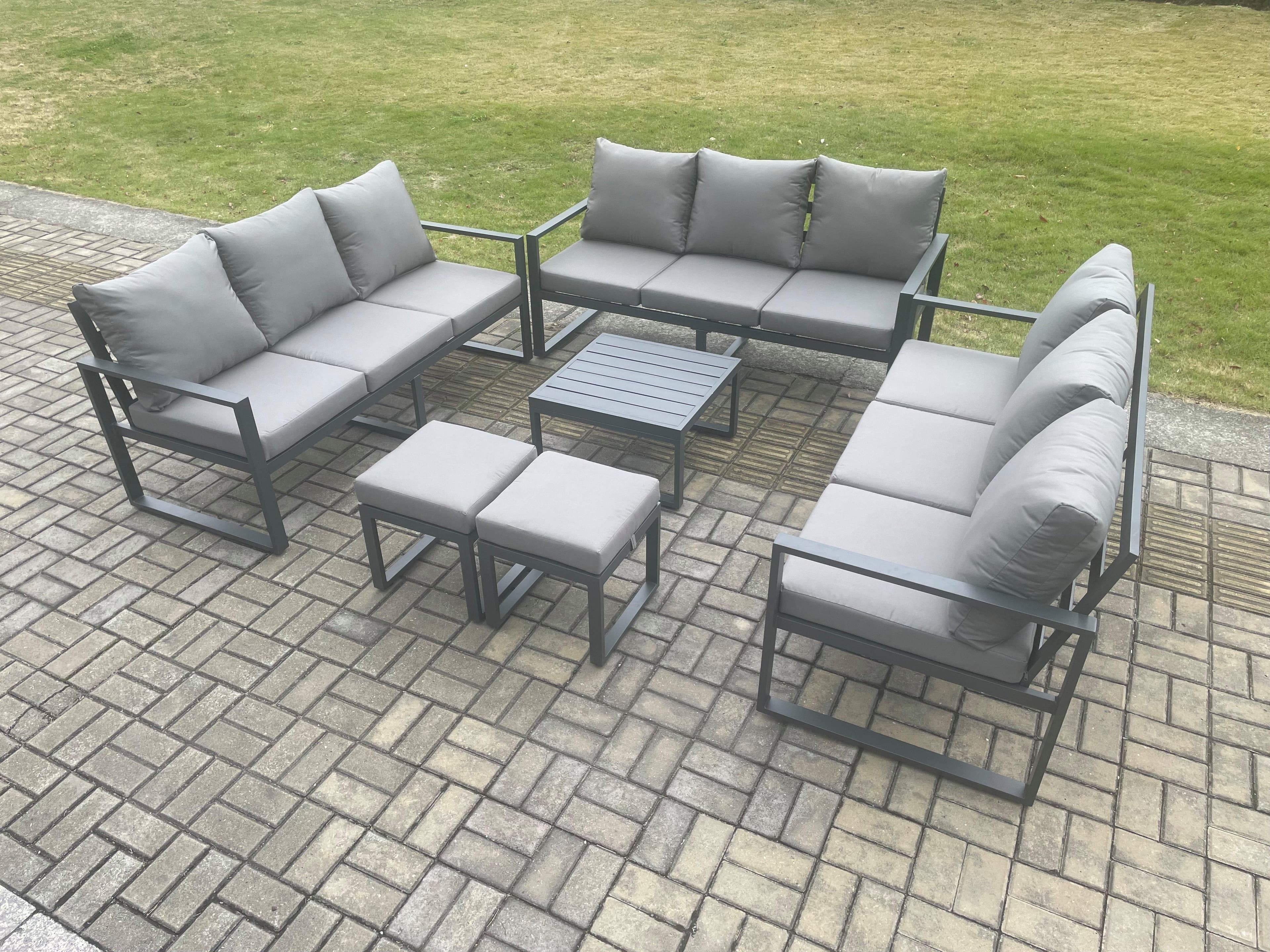 Aluminium 11 Seater Outdoor Garden Furniture Set Patio Lounge Sofa Coffee Table 2 Small Footstools Conservatory Set Dark Grey