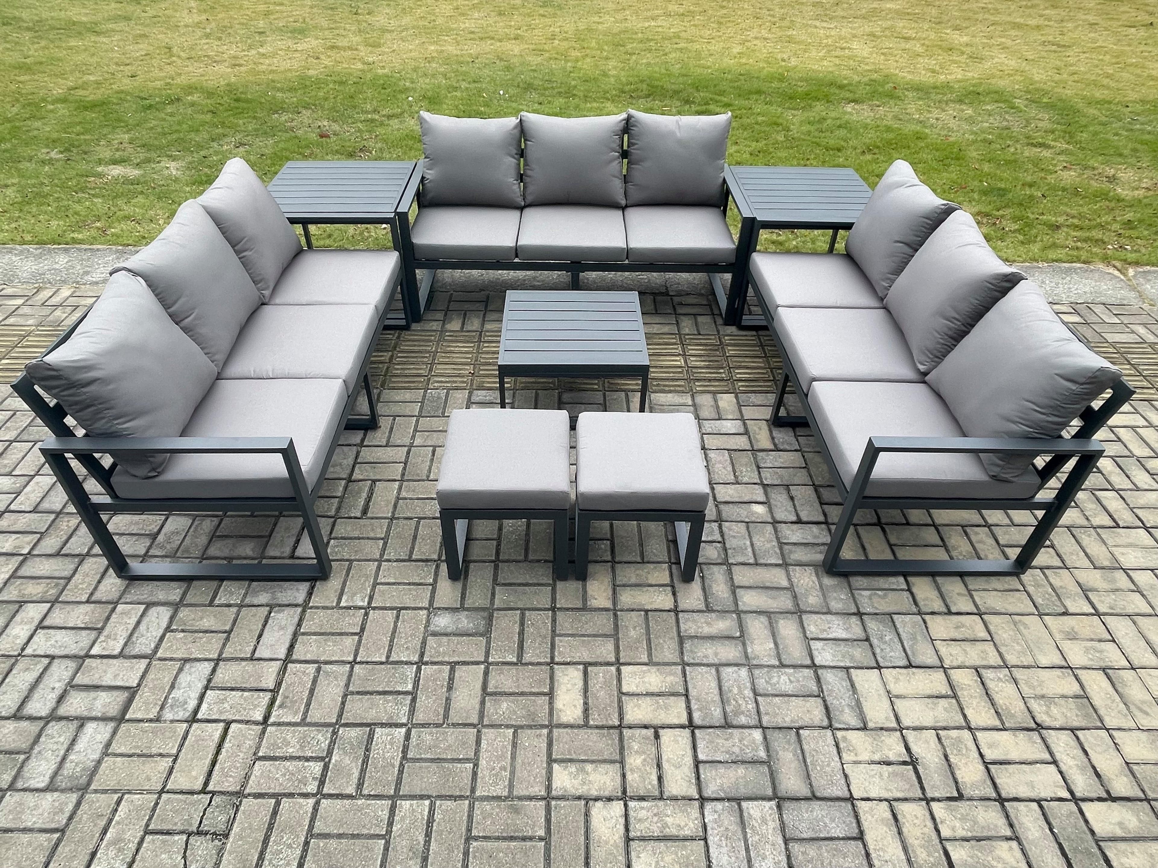 Aluminium 11 Seater Outdoor Garden Furniture Set Patio Lounge Sofa Coffee Table 2 Side Tables 2 Small Footstools Conservatory Set