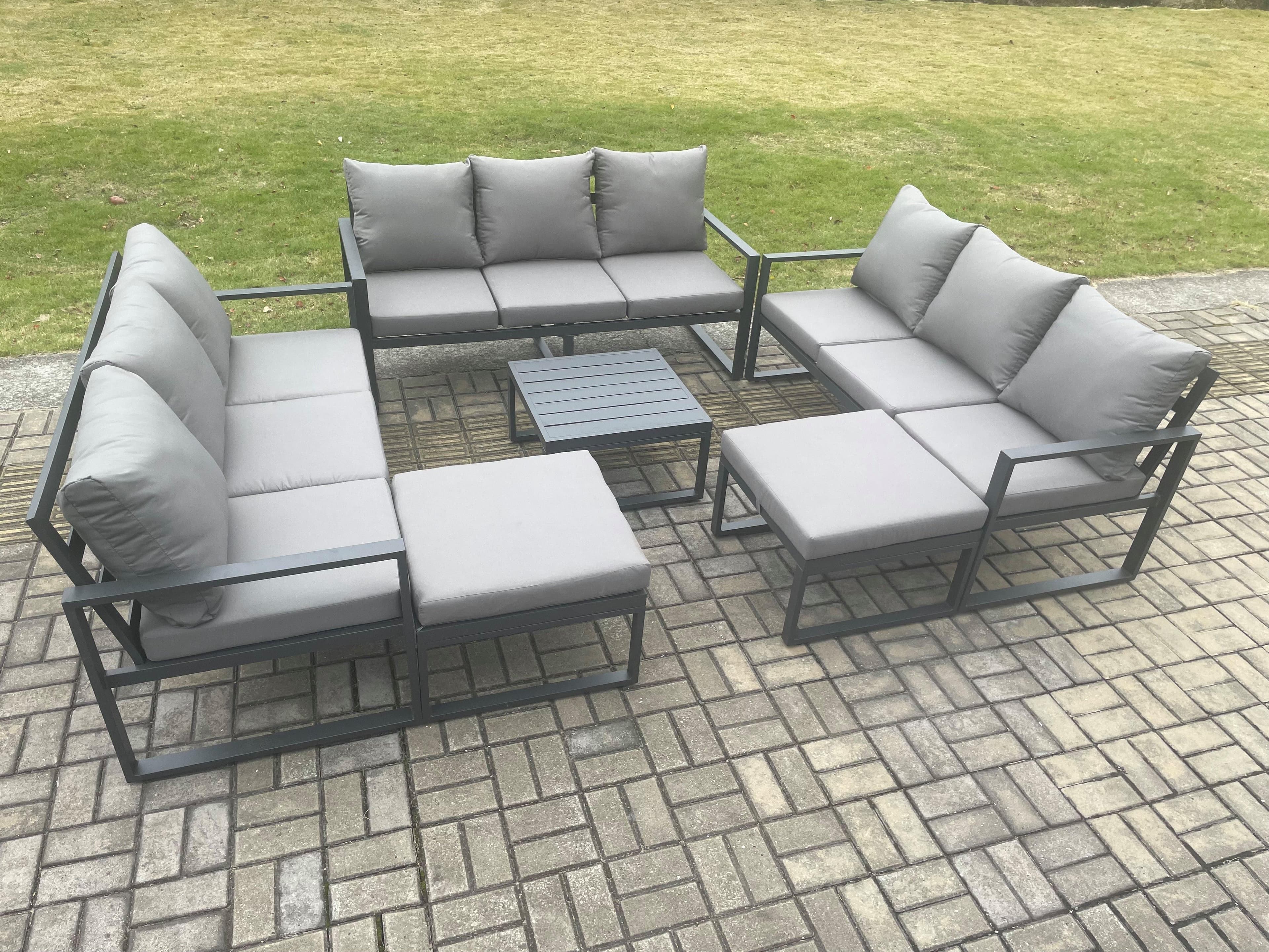 Aluminium Outdoor Garden Furniture Set Patio Lounge Sofa Square Coffee Table 2 Big Footstools Conservatory Set Dark Grey