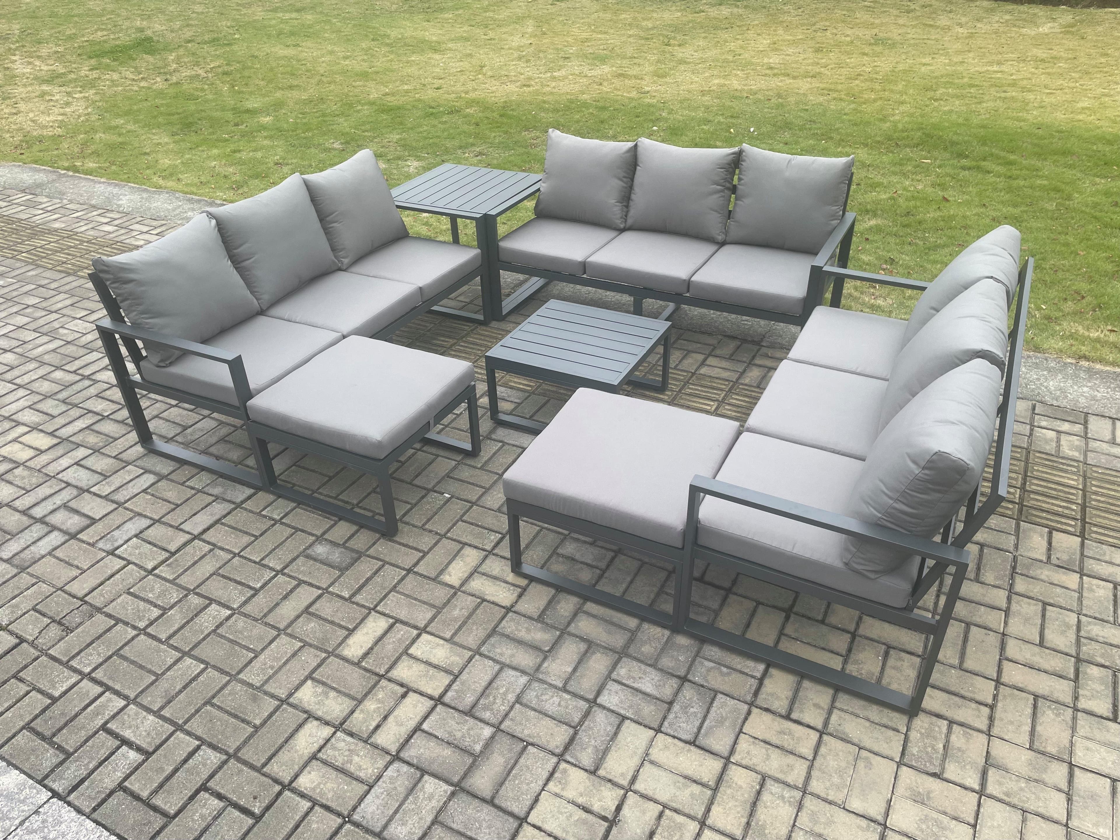Aluminium Outdoor Garden Furniture Set Patio Lounge Sofa Square Coffee Table Side Table 2 Big Footstools Conservatory Set