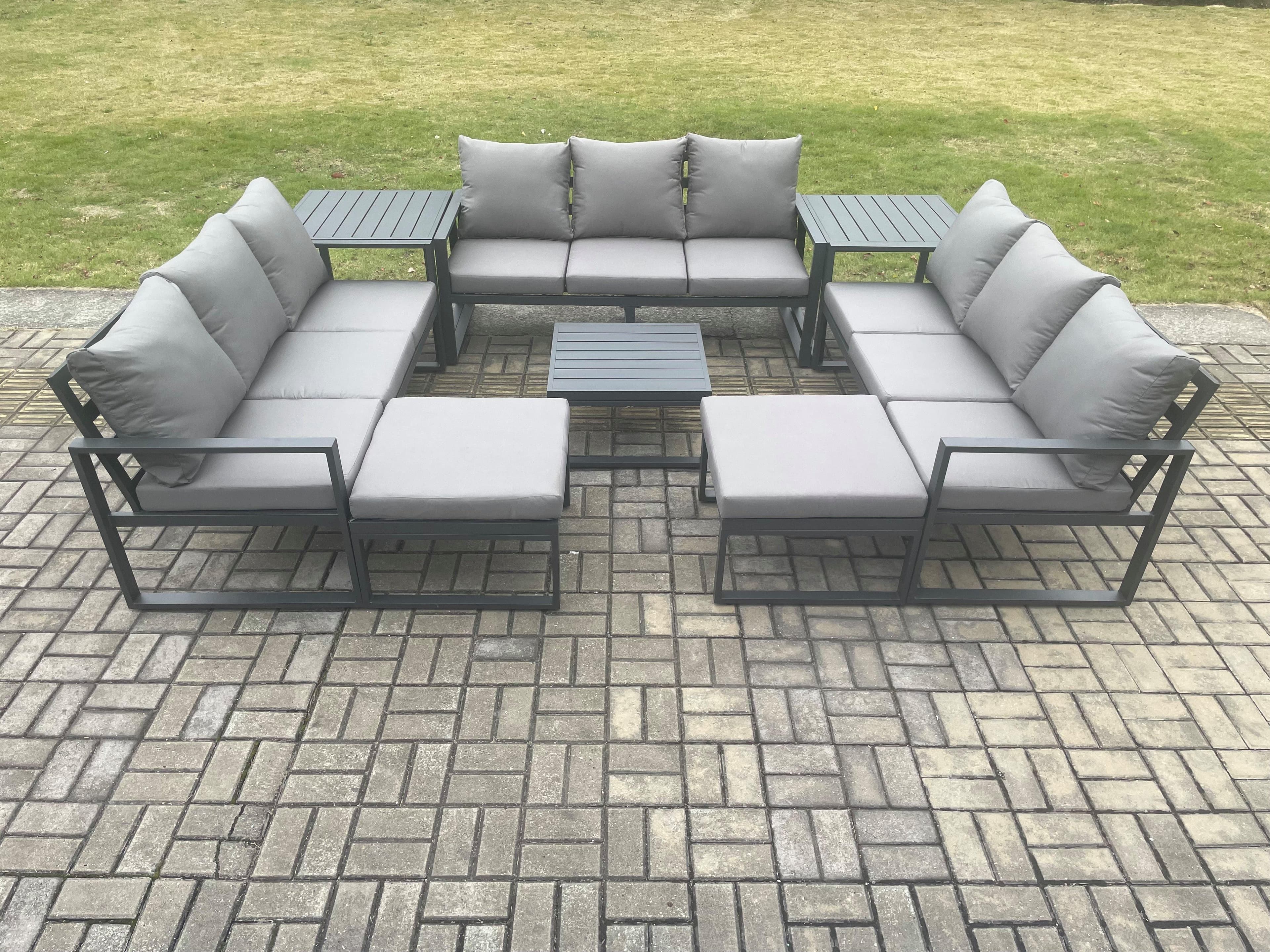 Aluminium Outdoor Garden Furniture Set Patio Lounge Sofa Square Coffee Table 2 Side Tables 2 Big Footstools Conservatory Set