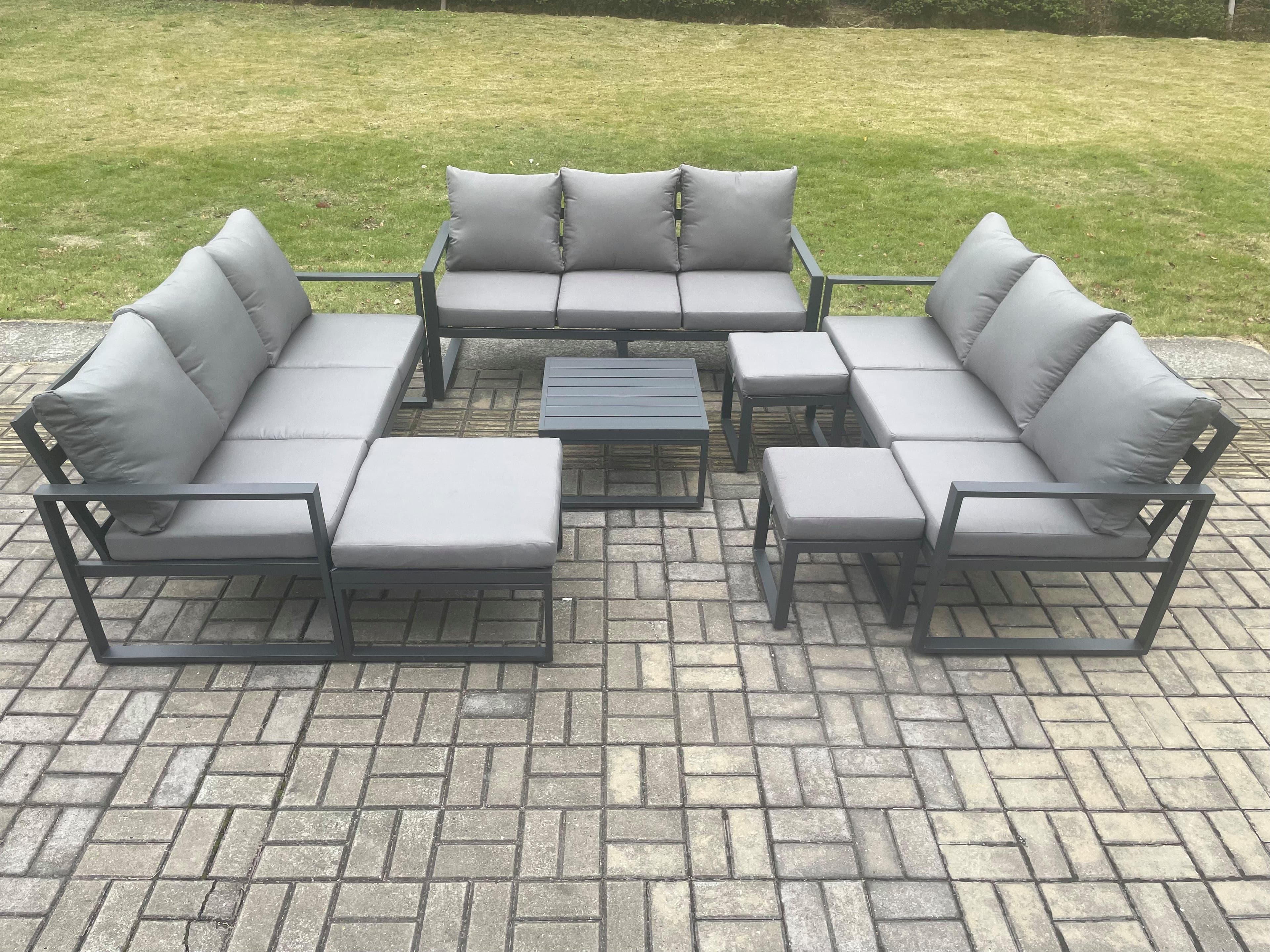 Aluminium Outdoor Garden Furniture Set Patio Lounge Sofa Square Coffee Table 3 Footstools Conservatory Set Dark Grey