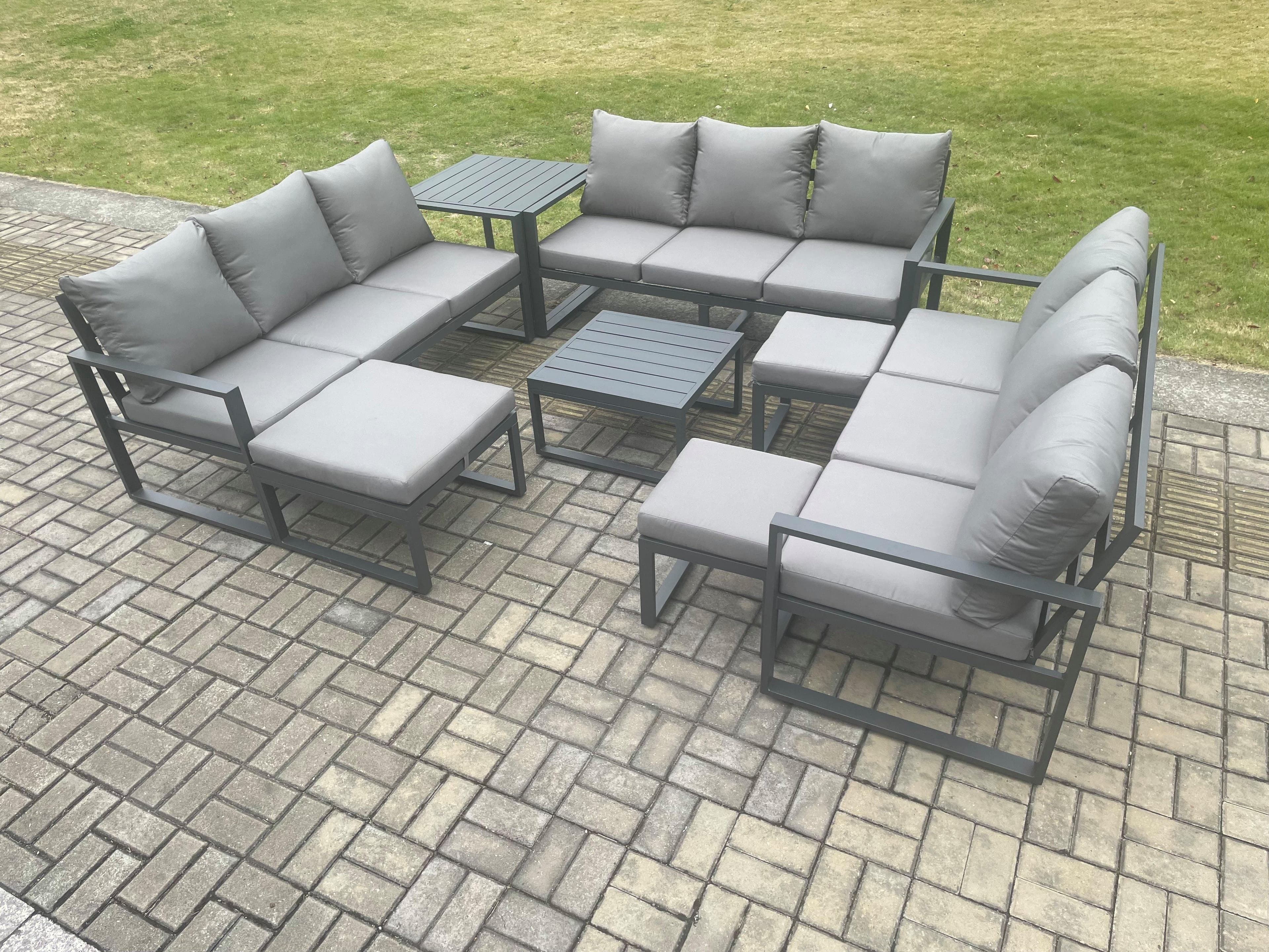 Aluminium Outdoor Garden Furniture Set Patio Lounge Sofa Square Coffee Table Side Table 3 Footstools Conservatory Set Dark Grey