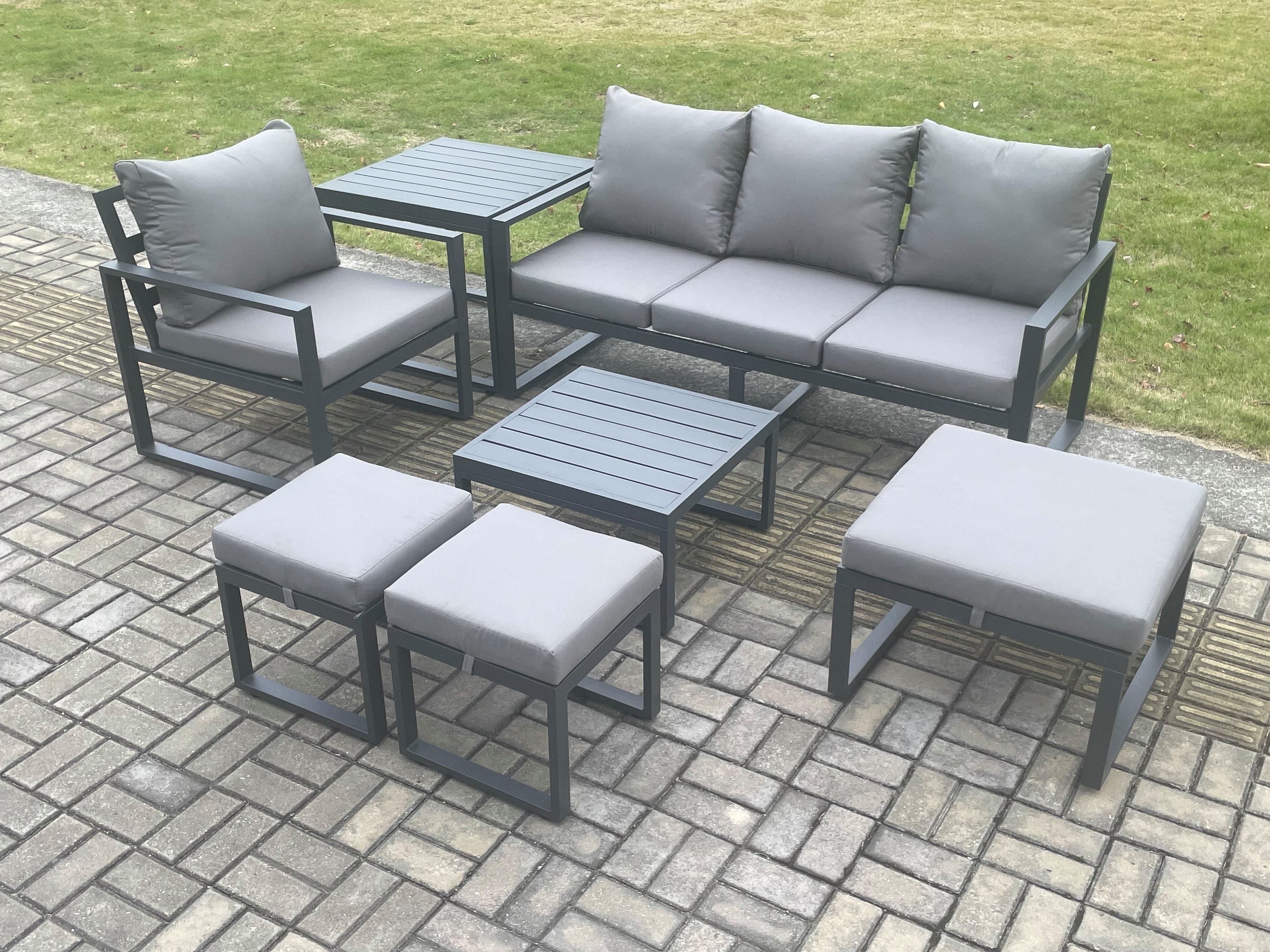 Aluminium Outdoor Garden Furniture Set Lounge Sofa Chair Square Coffee Table Sets Side Table 3 Footstools Conservatory Set