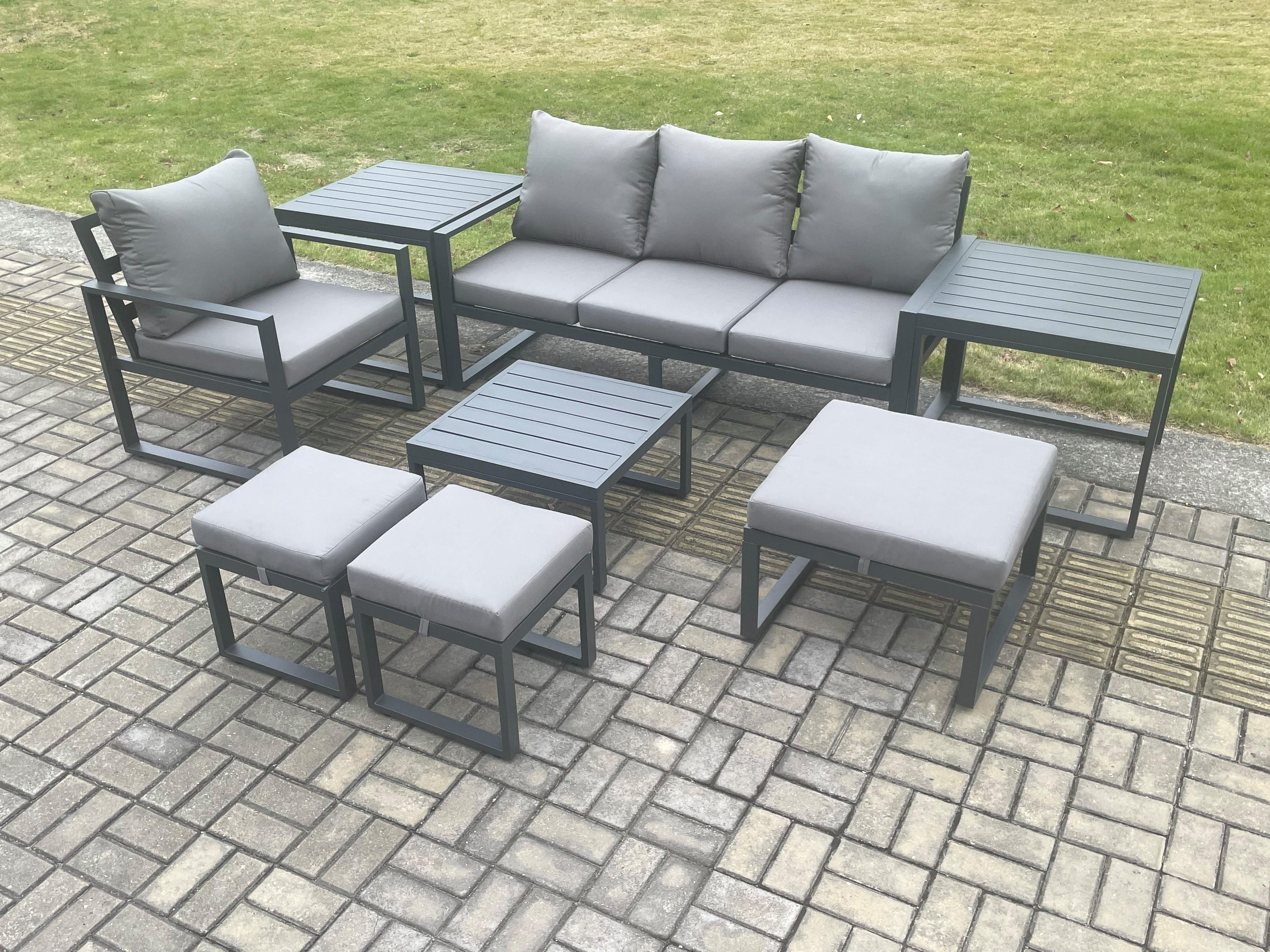 Aluminium Outdoor Garden Furniture Set Lounge Sofa Chair Square Coffee Table Sets 2 Side Tables 3 Footstools Conservatory Set