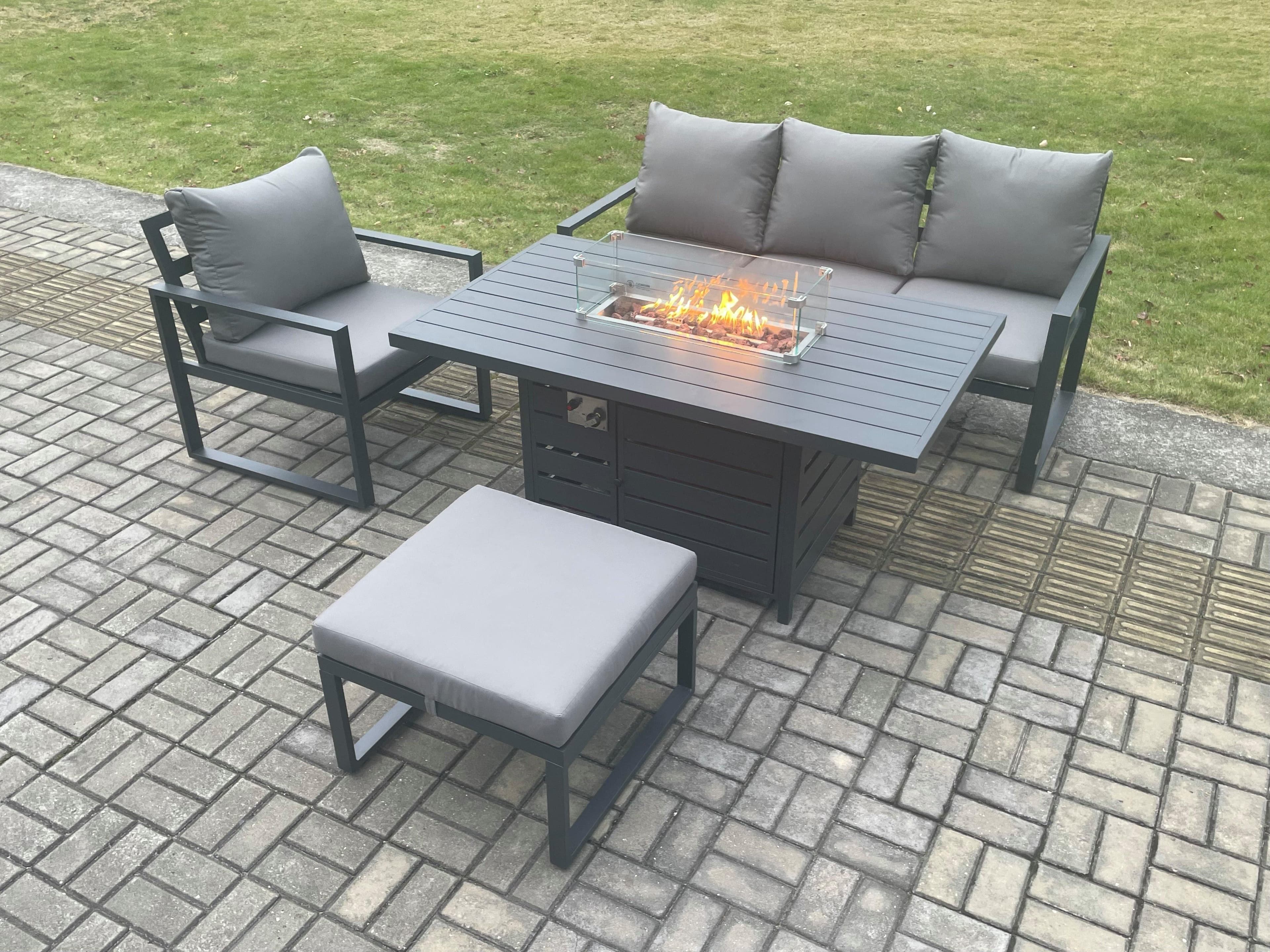 Aluminium Outdoor Garden Furniture Set Gas Fire Pit Dining Table Set Gas Heater Burner Big Footstool Dark Grey 5 Seater