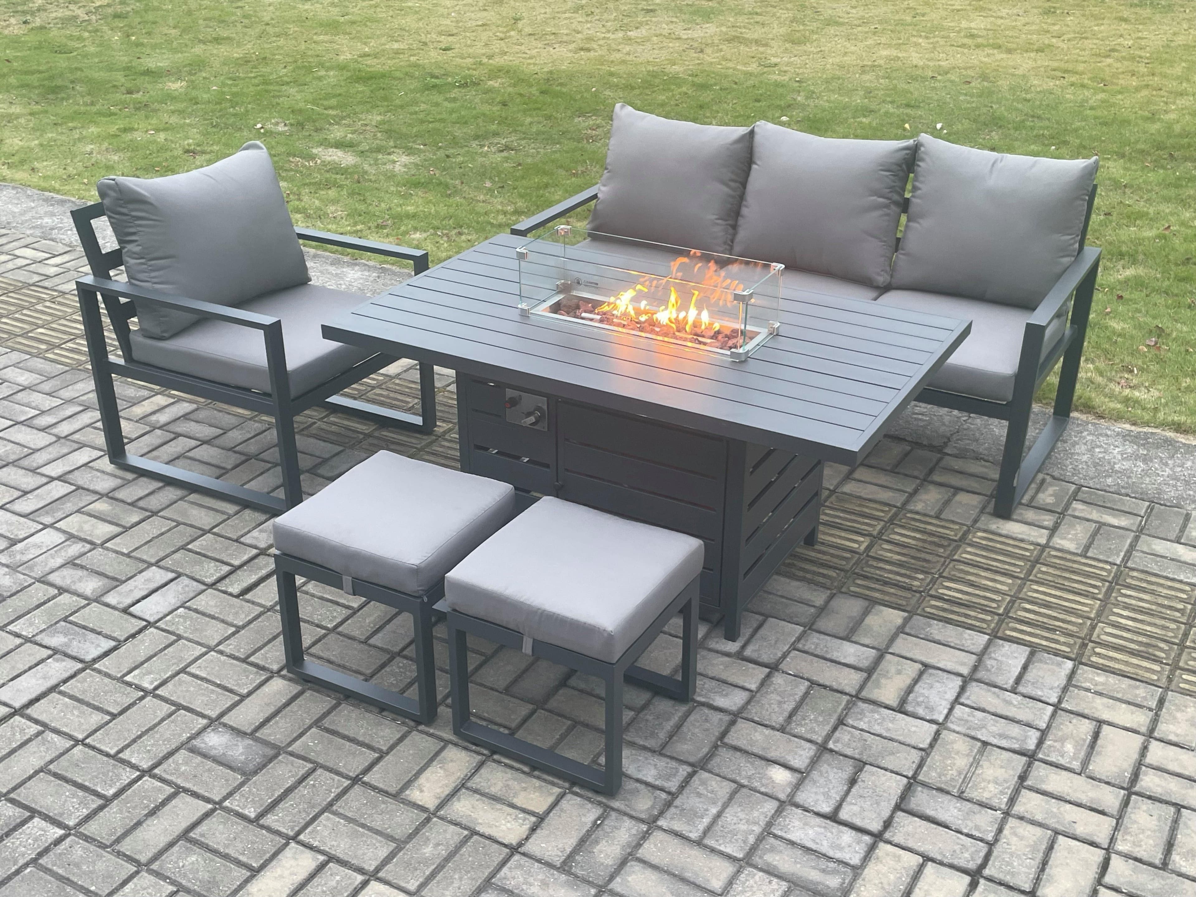 Aluminium Outdoor Garden Furniture Set Gas Fire Pit Dining Table Set Gas Heater Burner 2 Small Footstools Dark Grey 6 Seater