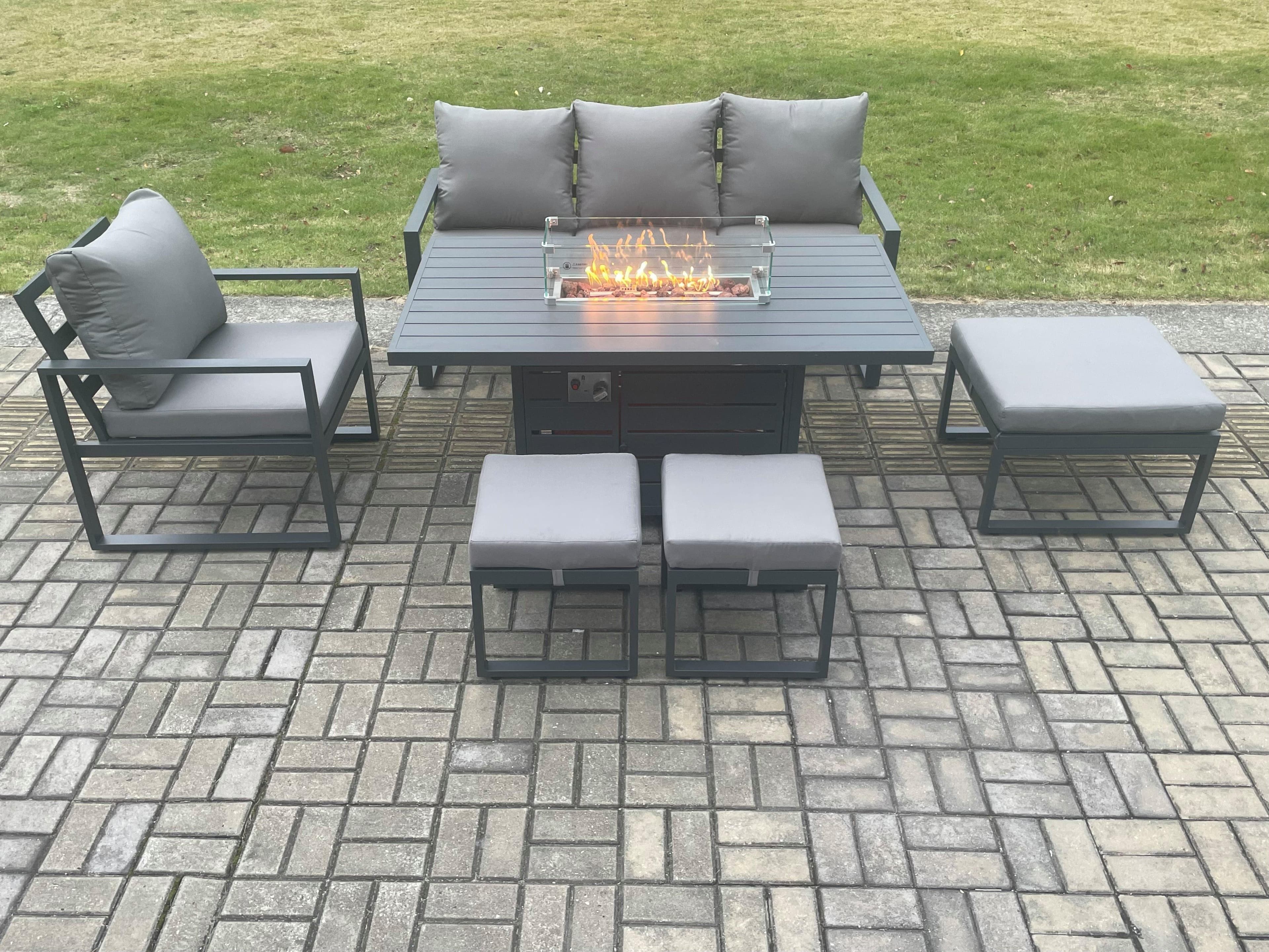 Aluminium Outdoor Garden Furniture Set Gas Fire Pit Dining Table Set Gas Heater Burner 3 Footstools Dark Grey 7 Seater