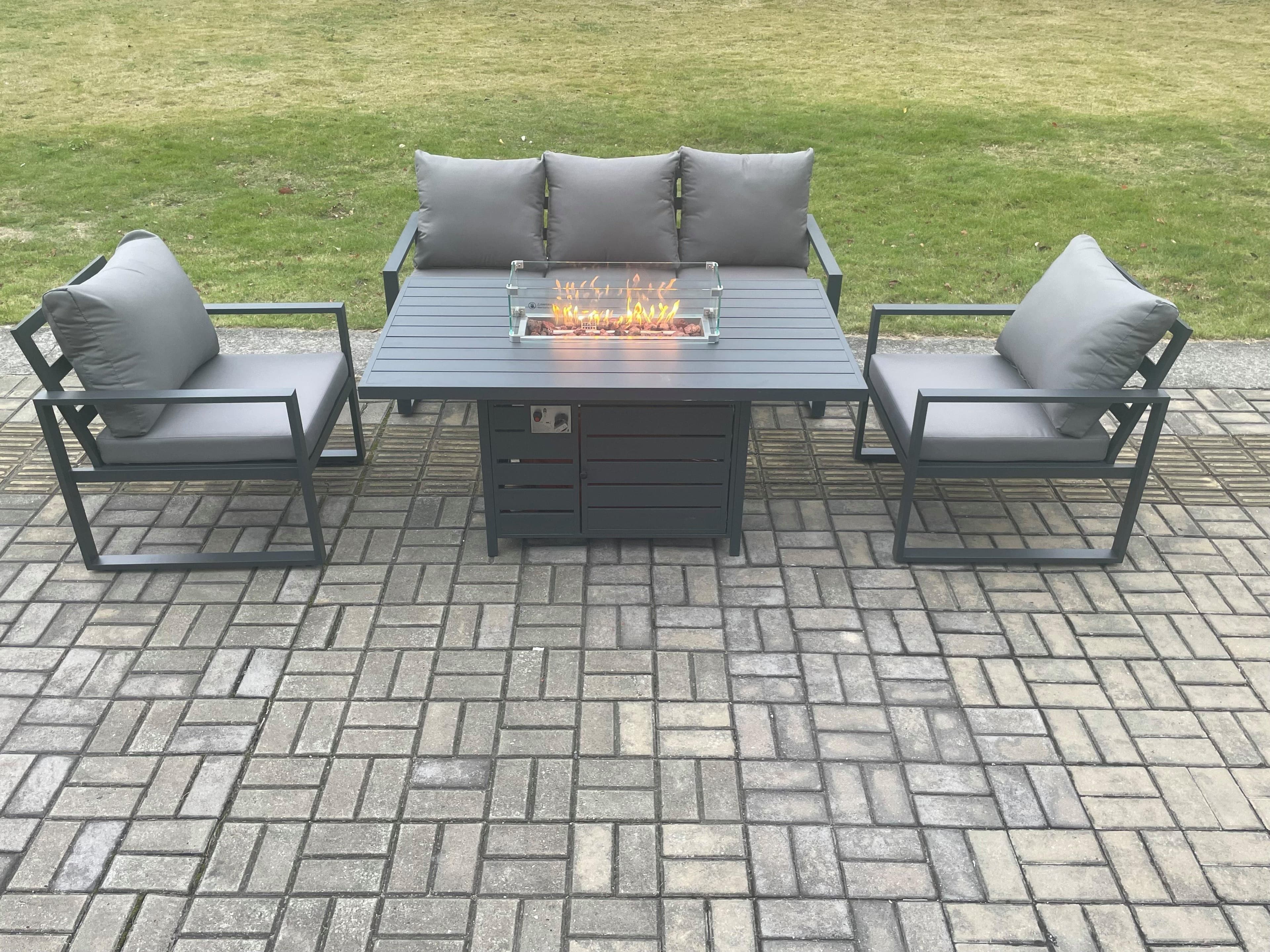 Aluminium Outdoor Garden Furniture Set Gas Fire Pit Dining Table Set Gas Heater Burner 2 Arm Chair Dark Grey 5 Seater