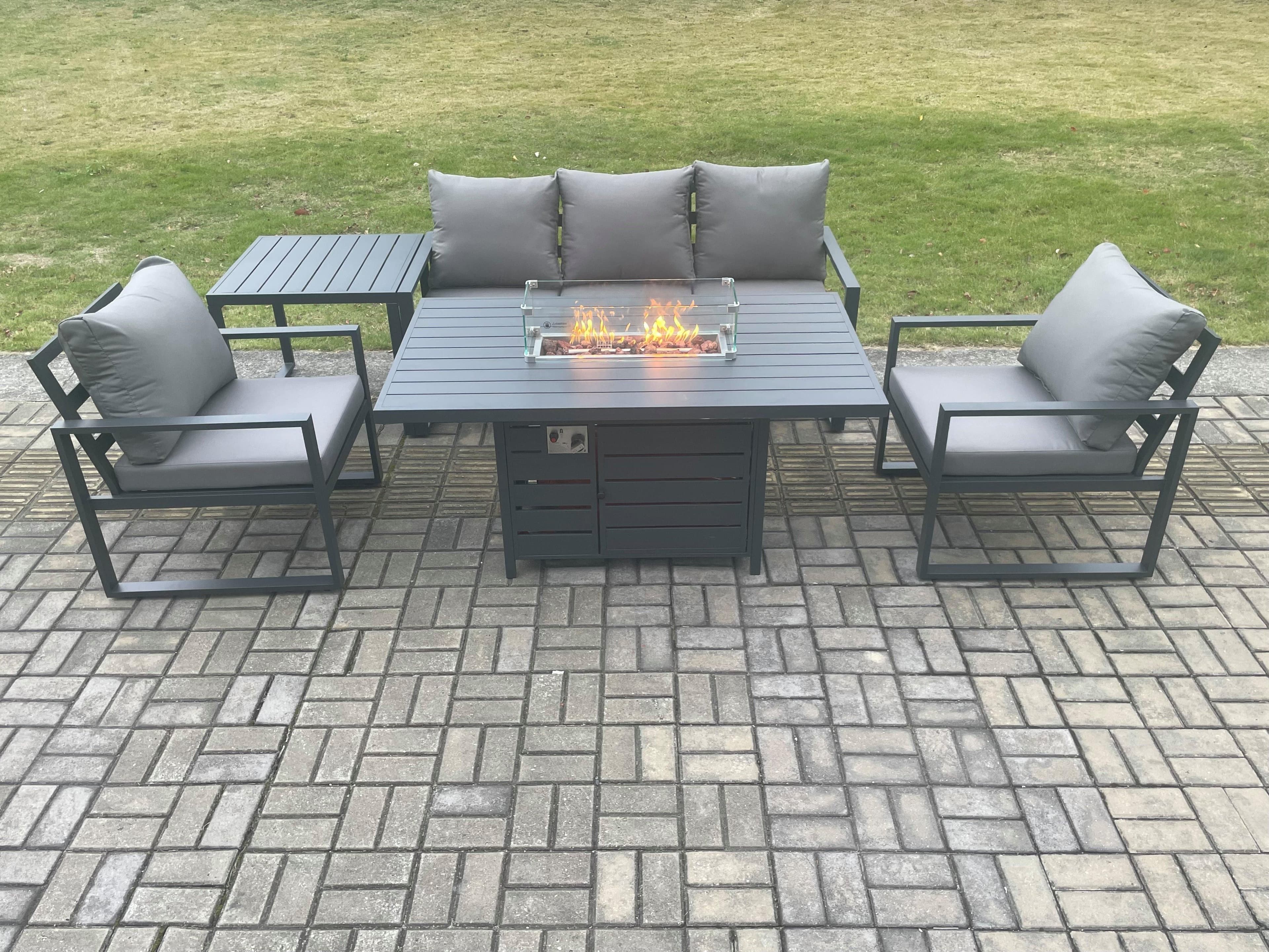 Aluminium Outdoor Garden Furniture Set Gas Fire Pit Dining Table Set Gas Heater Burner 2 Arm Chair Side Table Dark Grey 5 Seater