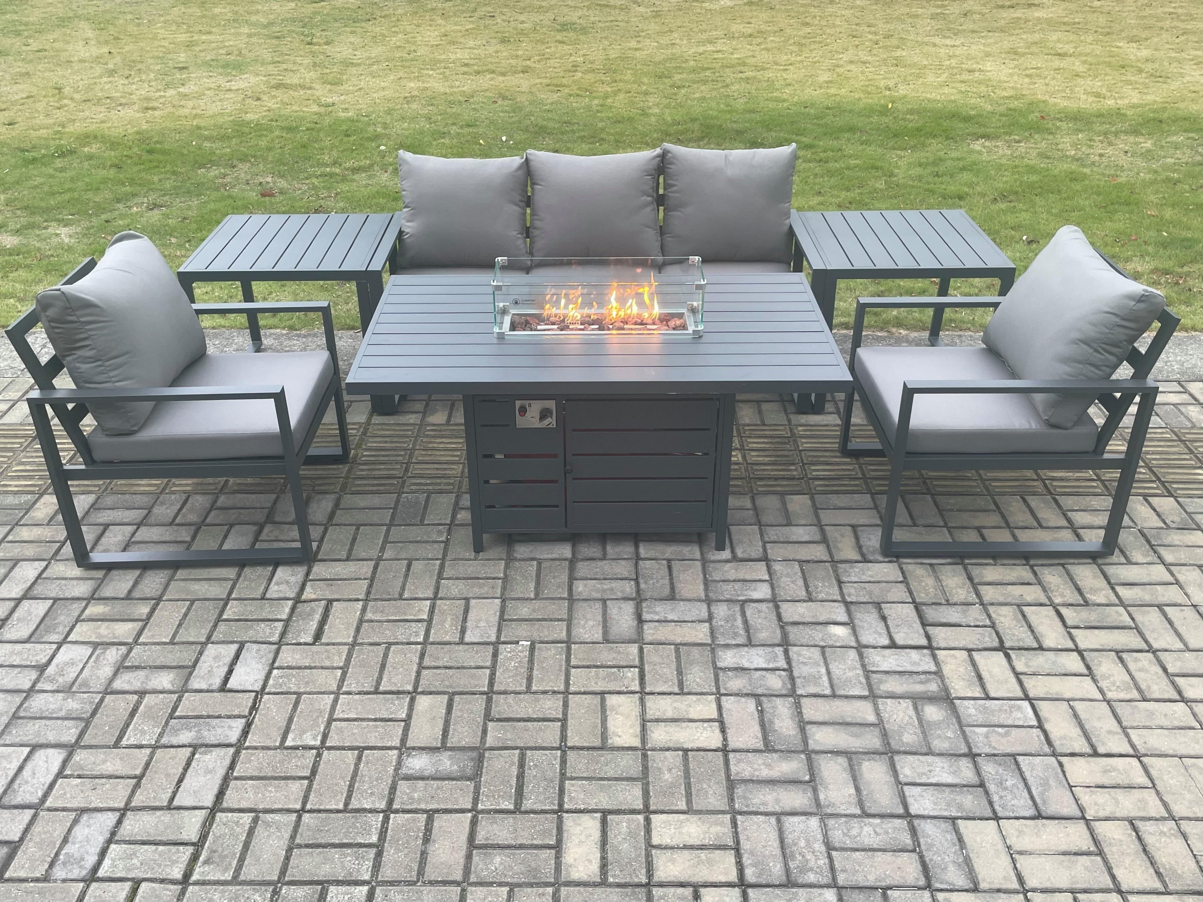 Aluminium Outdoor Garden Furniture Set Gas Fire Pit Dining Table Set Gas Heater Burner 2 Side Tables Dark Grey 5 Seater