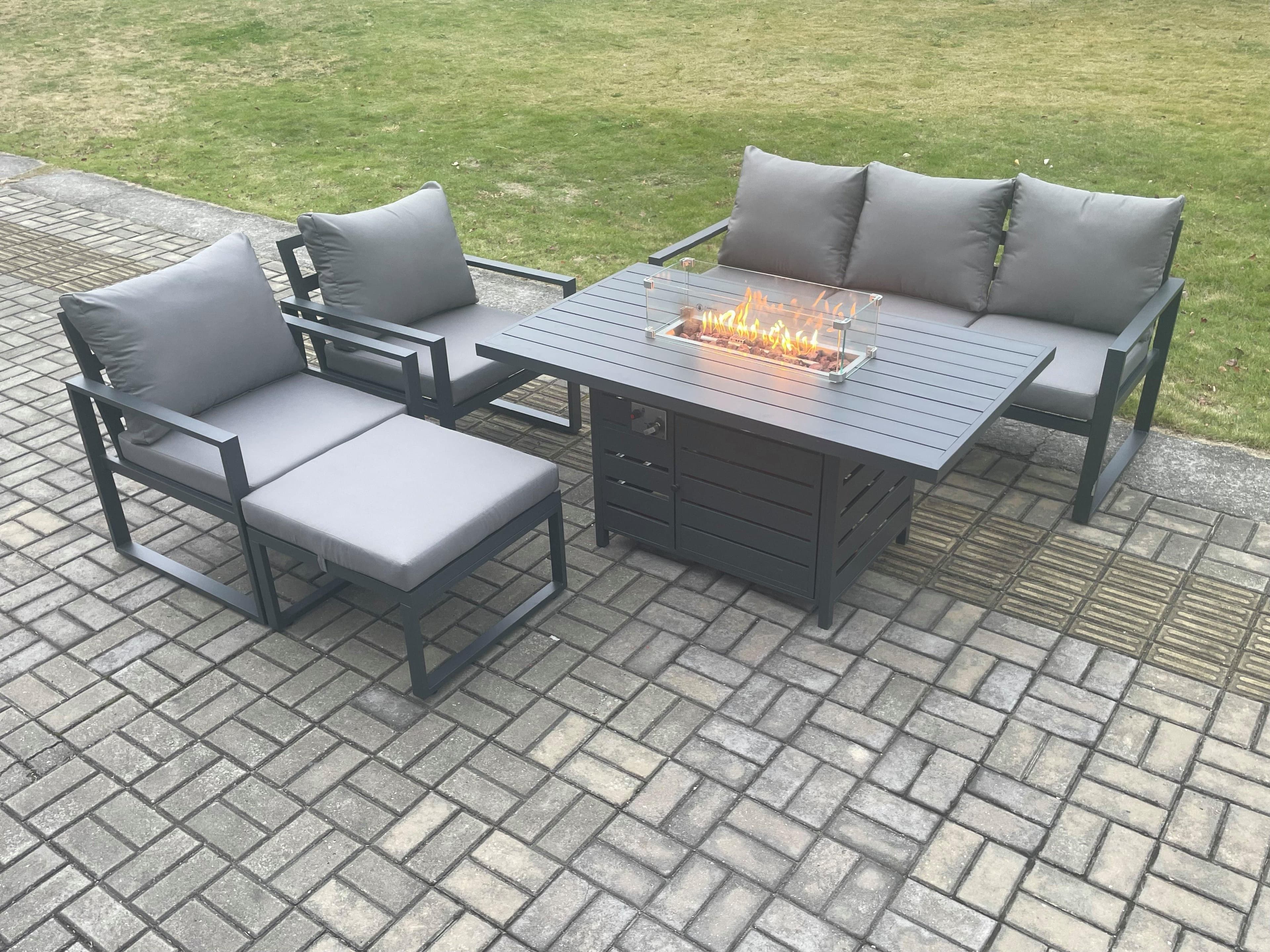 Aluminium Outdoor Garden Furniture Set Gas Fire Pit Dining Table Set Gas Heater Burner Chair Big Footstool Dark Grey 6 Seater
