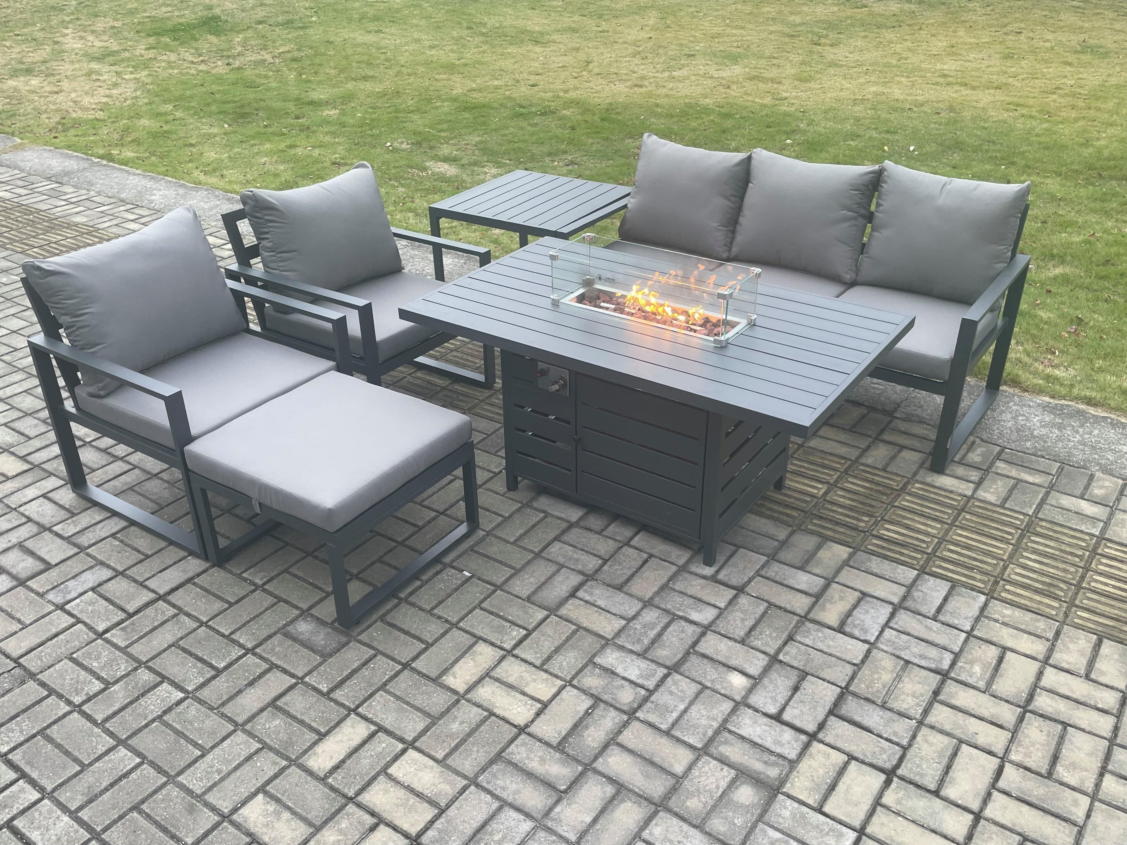 Aluminium Outdoor Garden Furniture Set Gas Fire Pit Dining Table Set Gas Heater Burner 2 Arm Chair Side Table Big Footstool