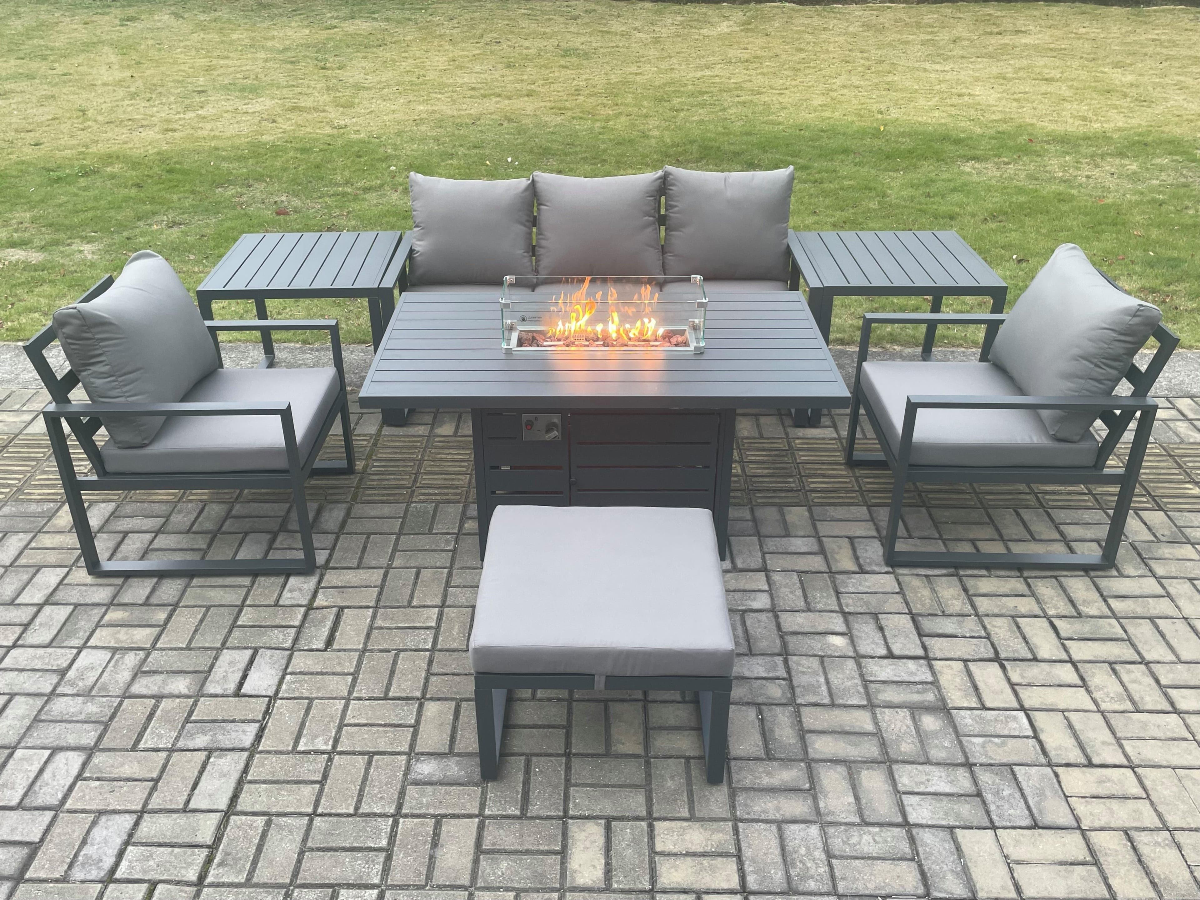 Aluminium Outdoor Garden Furniture Set Gas Fire Pit Dining Table Set Gas Heater Burner 2 Arm Chair 2 Side Tables Big Footstool