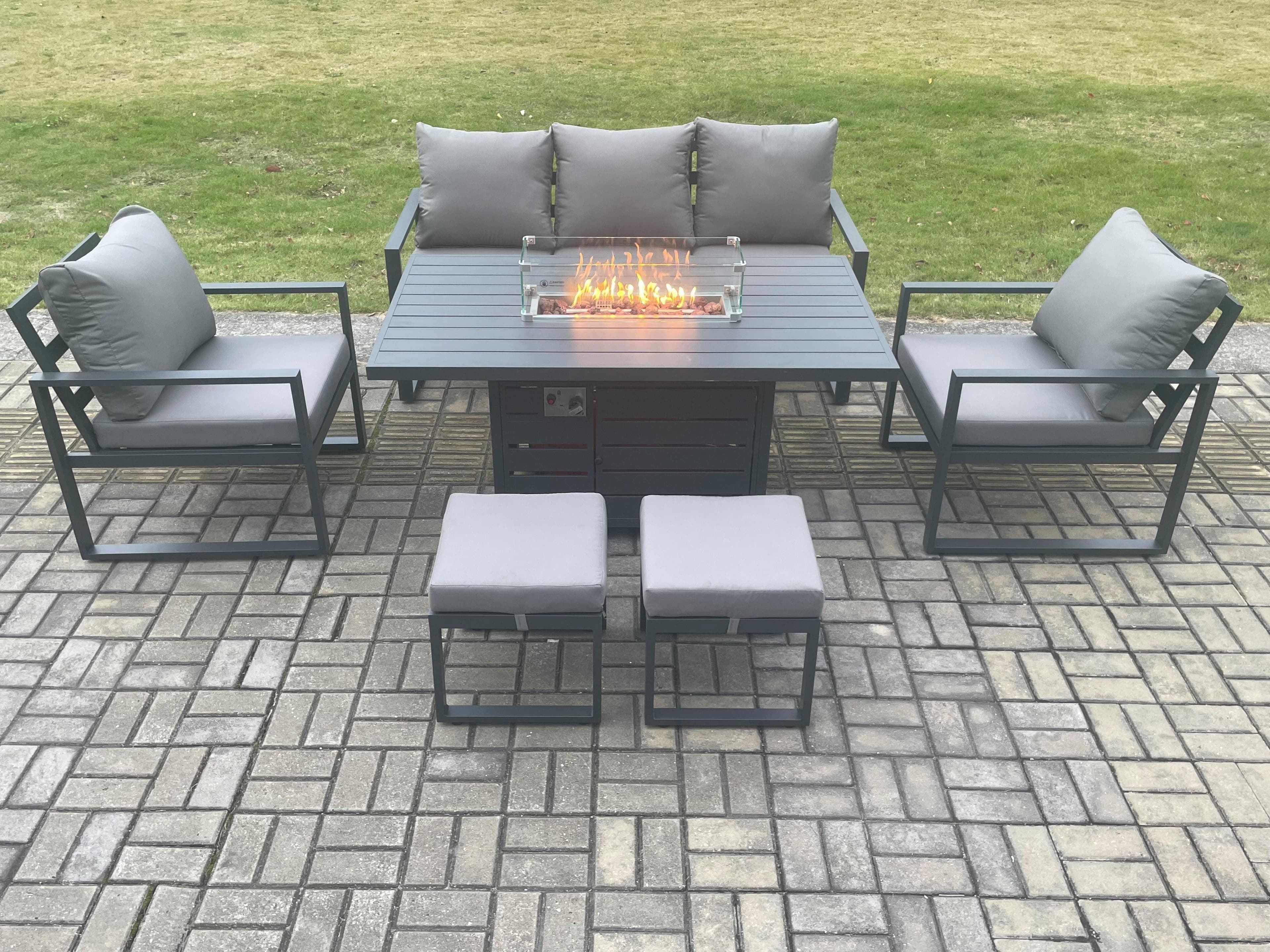 Aluminium Outdoor Garden Furniture Set Gas Fire Pit Dining Table Set Gas Heater Burner 2 Arm Chair Small Footstools Dark Grey