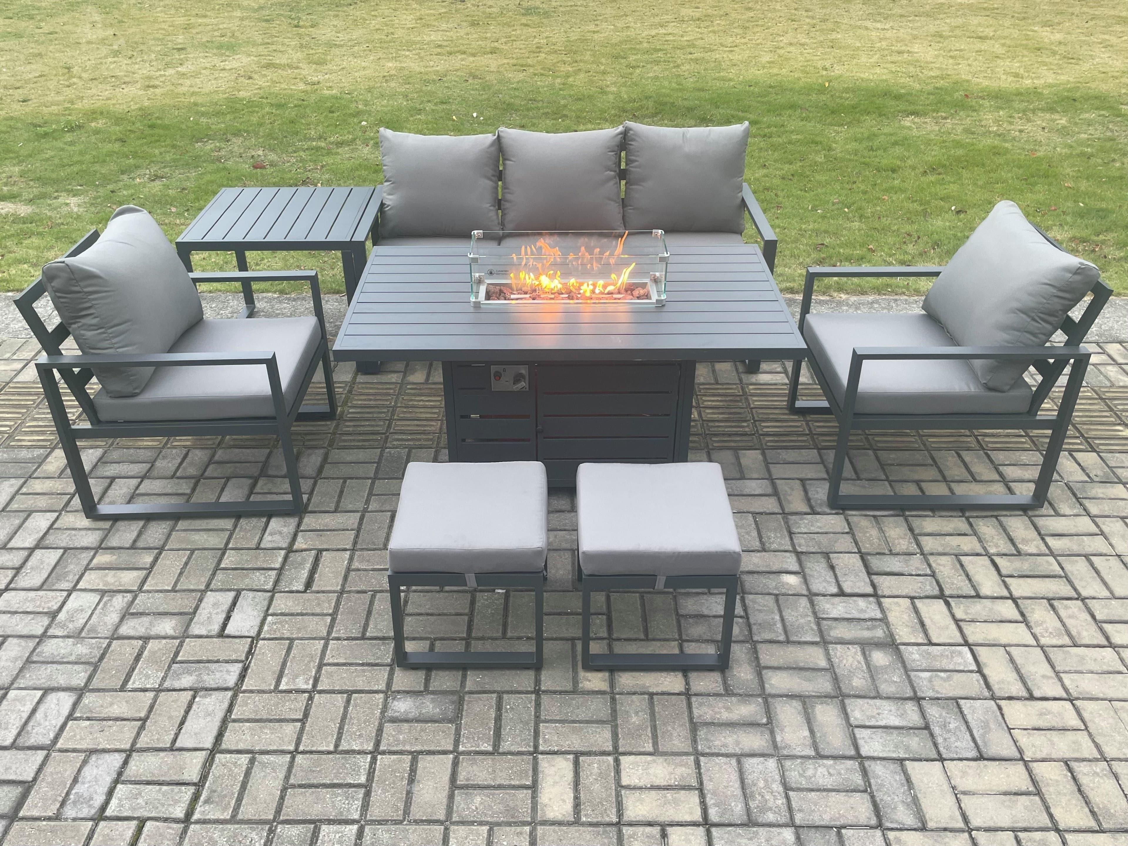 Aluminium Patio Outdoor Garden Furniture Lounge Sofa Set Gas Fire Pit Dining Table Side Table 2 Small Footstools Dark Grey