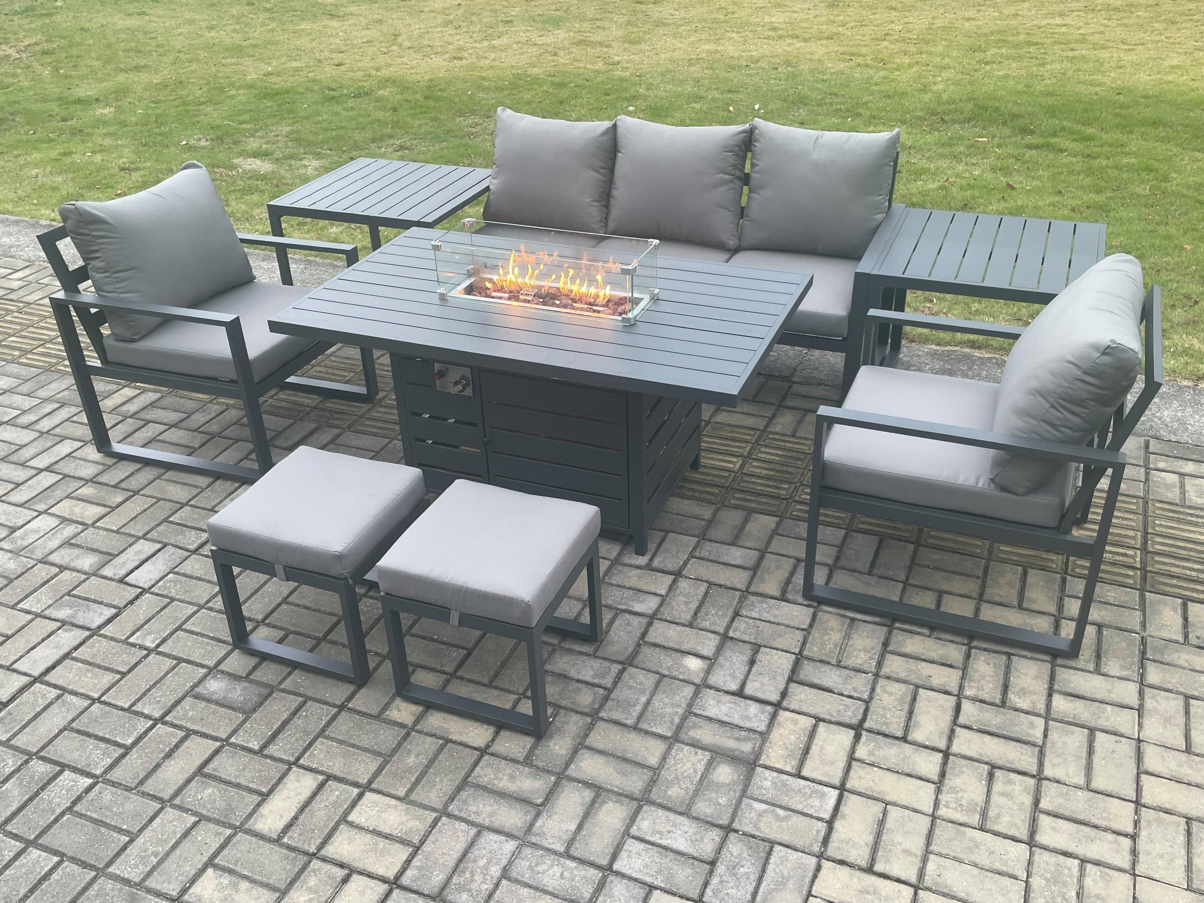 Aluminium Patio Outdoor Garden Furniture Lounge Sofa Set Gas Fire Pit Dining Table 2 Side Tables 2 Small Footstools Dark Grey