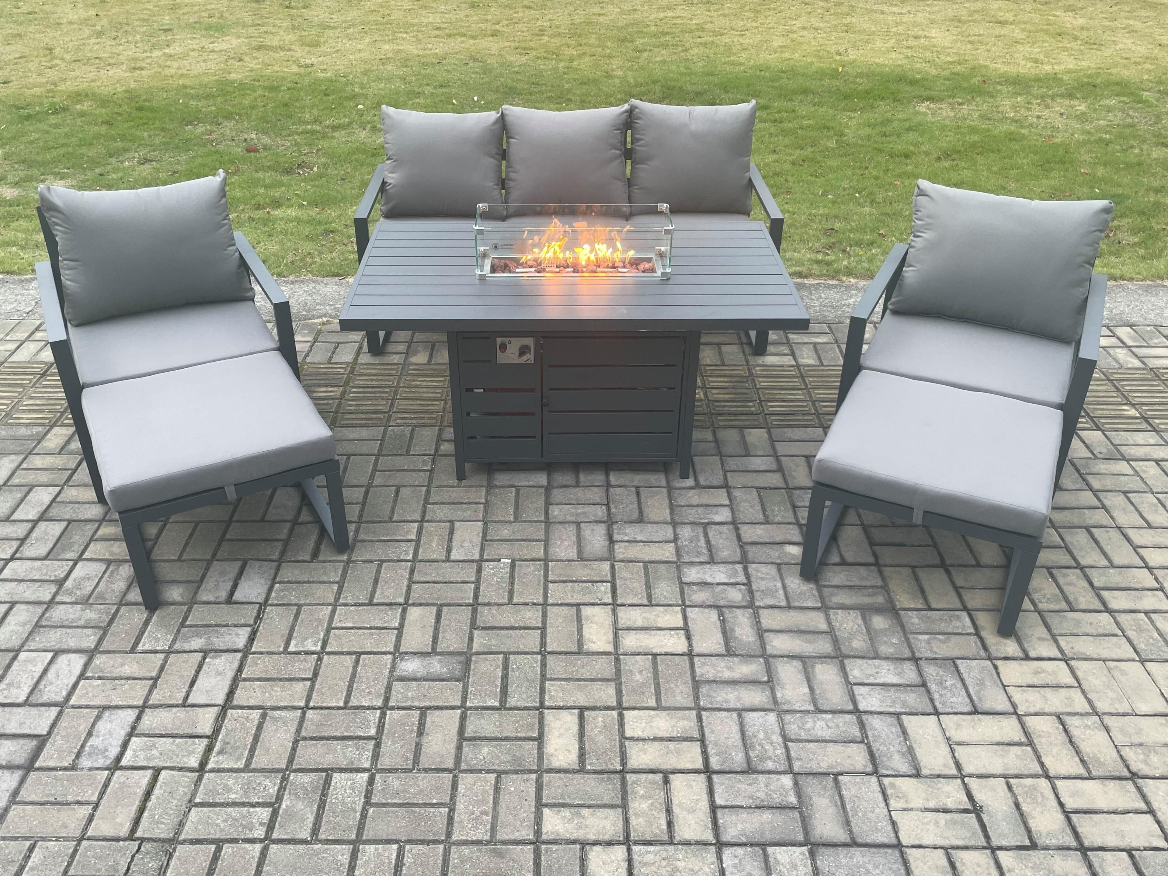 Aluminium Patio Outdoor Garden Furniture Lounge Sofa Set Gas Fire Pit Dining Table 2 Big Footstools Dark Grey