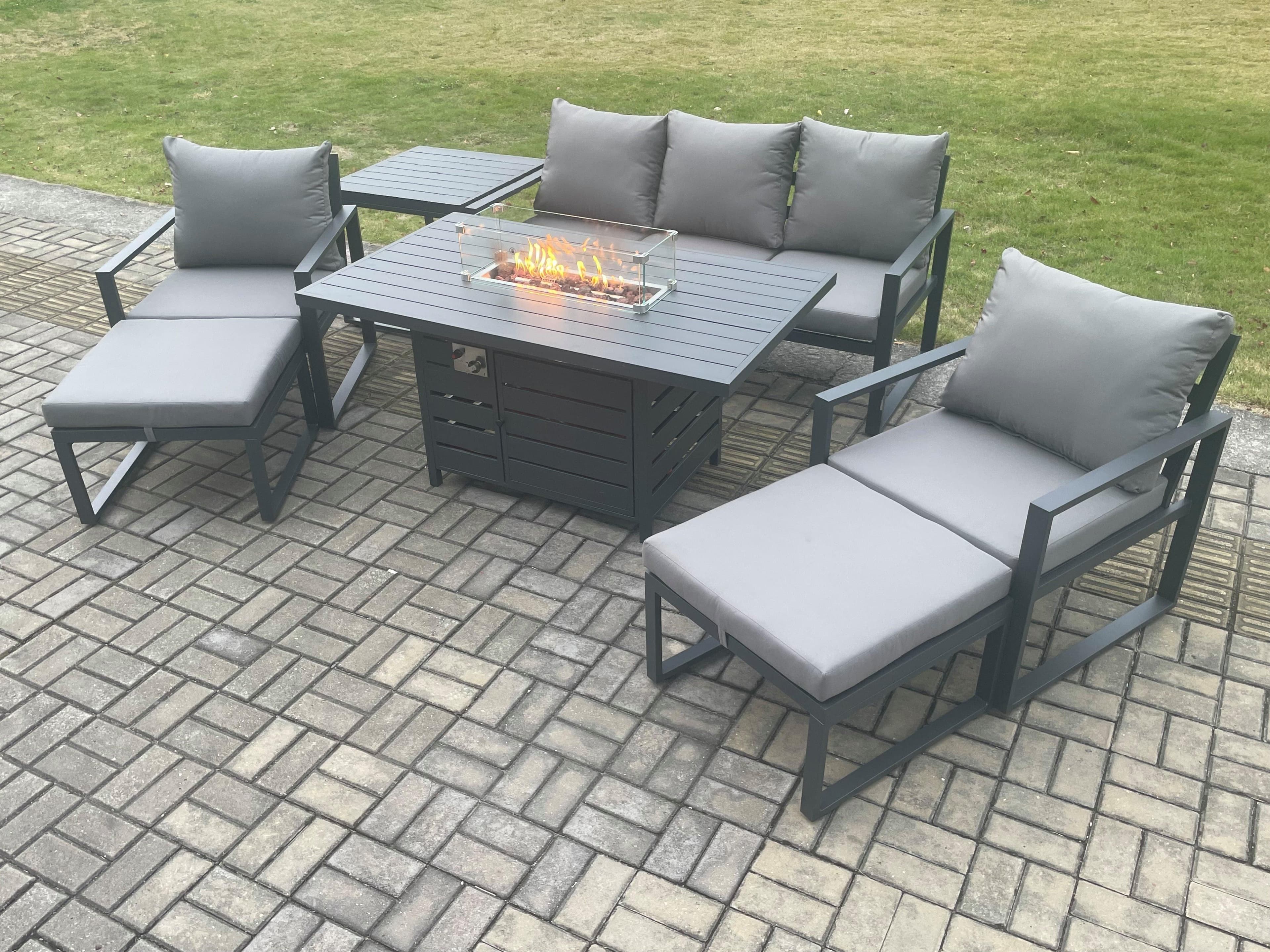 Aluminium Patio Outdoor Garden Furniture Lounge Sofa Set Gas Fire Pit Dining Table Side Table 2 Big Footstools Dark Grey