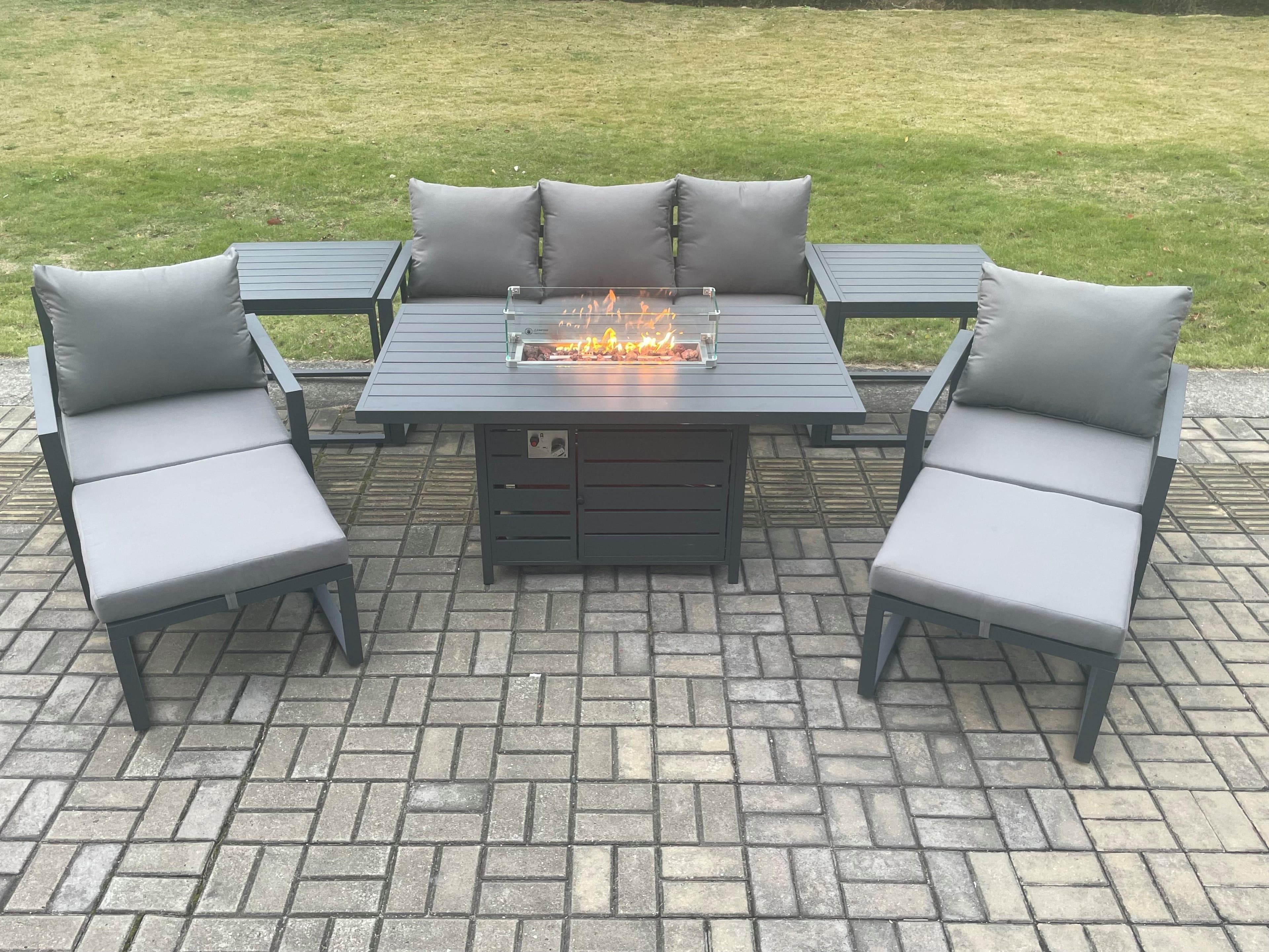 Aluminium Patio Outdoor Garden Furniture Lounge Sofa Set Gas Fire Pit Dining Table 2 Side Tables 2 Big Footstools Dark Grey