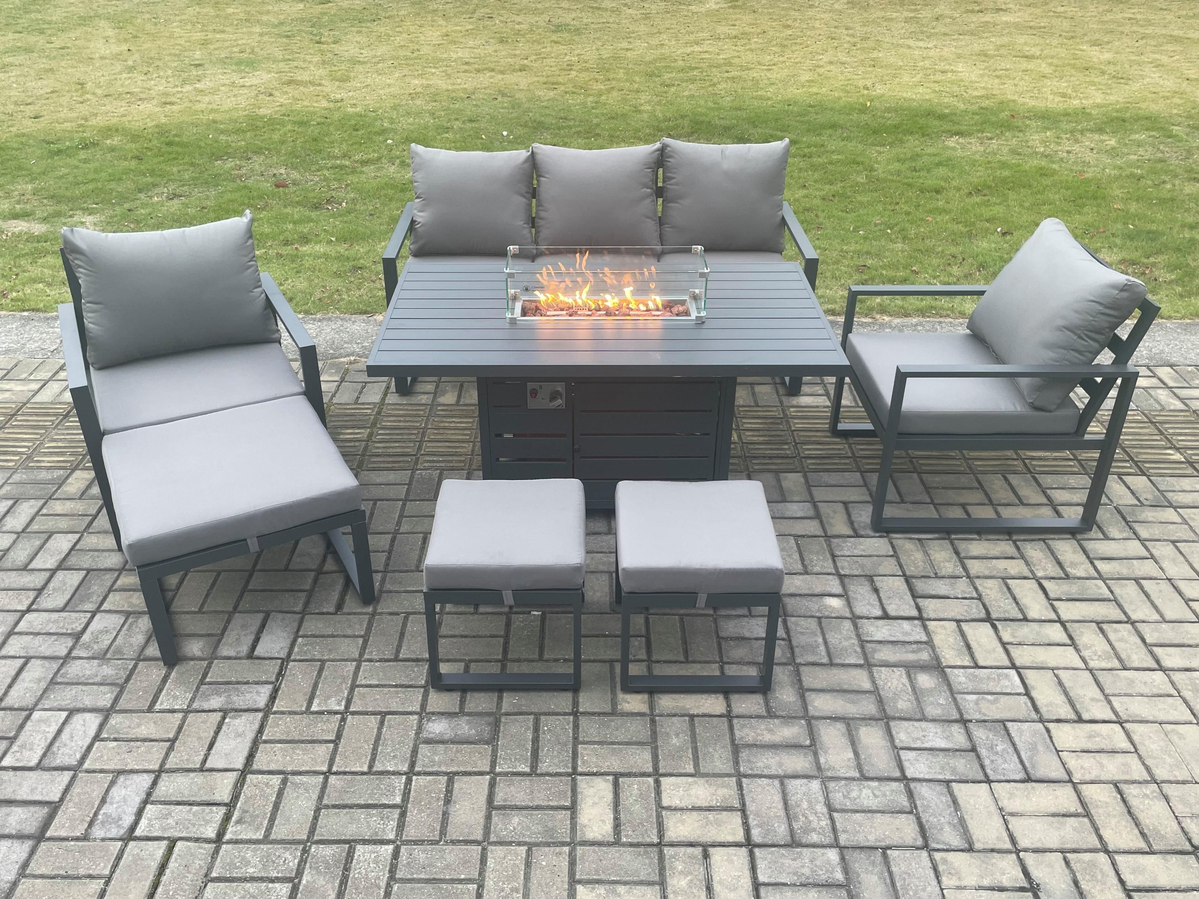 Aluminium Patio Outdoor Garden Furniture Lounge Sofa Set Gas Fire Pit Dining Table 3 Footstools Dark Grey