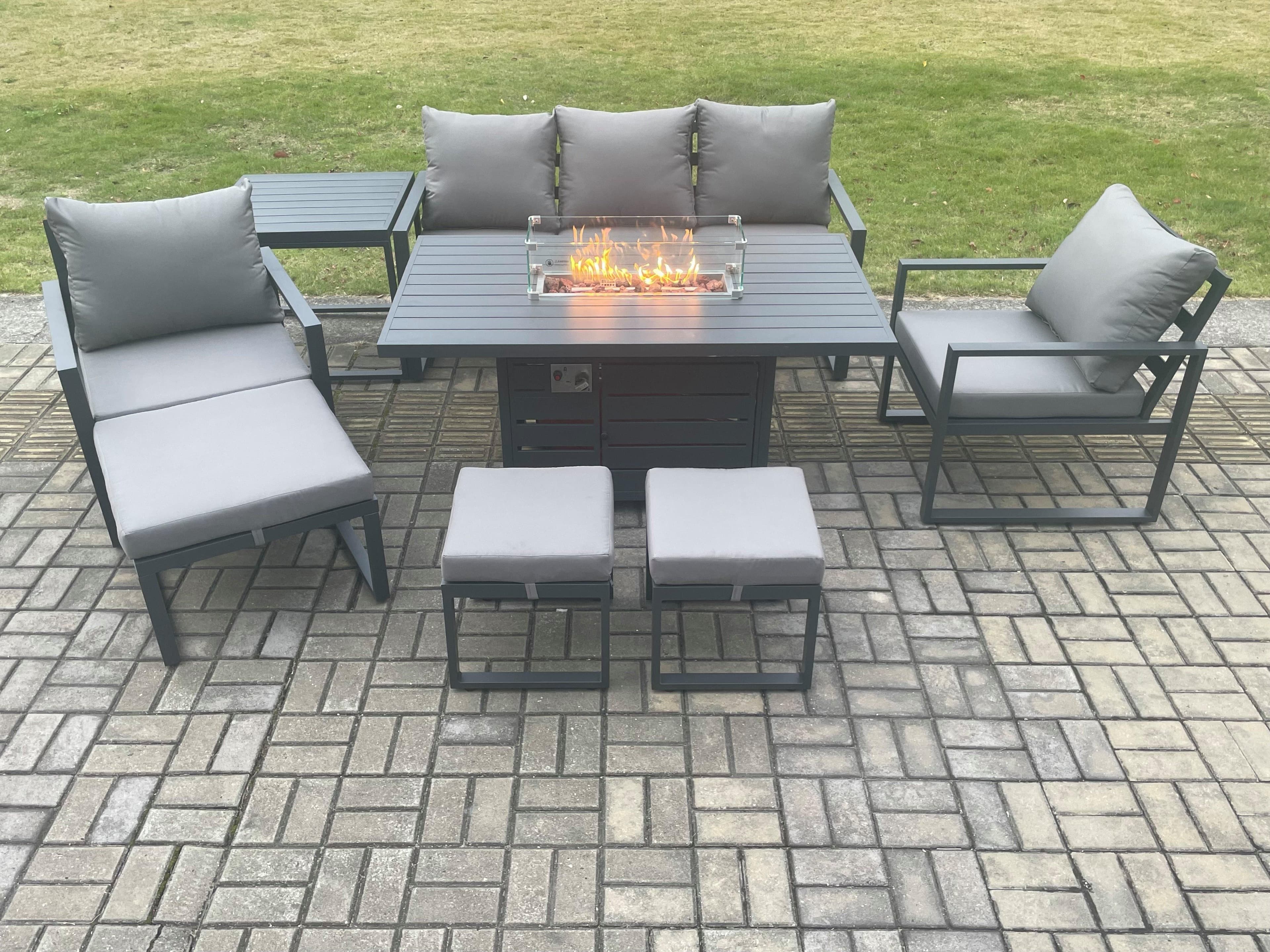 Aluminium Patio Outdoor Garden Furniture Lounge Sofa Set Gas Fire Pit Dining Table Side Table 3 Footstools Dark Grey