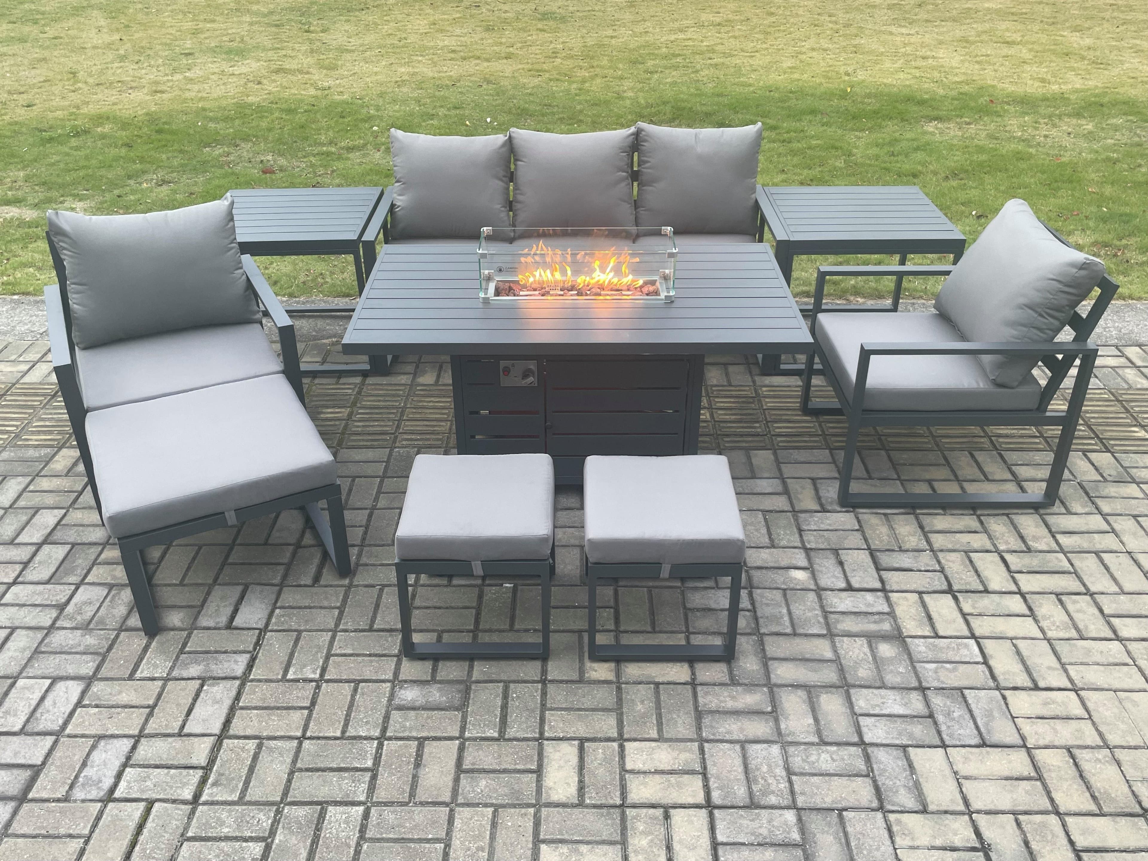 Aluminium Patio Outdoor Garden Furniture Lounge Sofa Set Gas Fire Pit Dining Table 2 Side Tables 3 Footstools Dark Grey