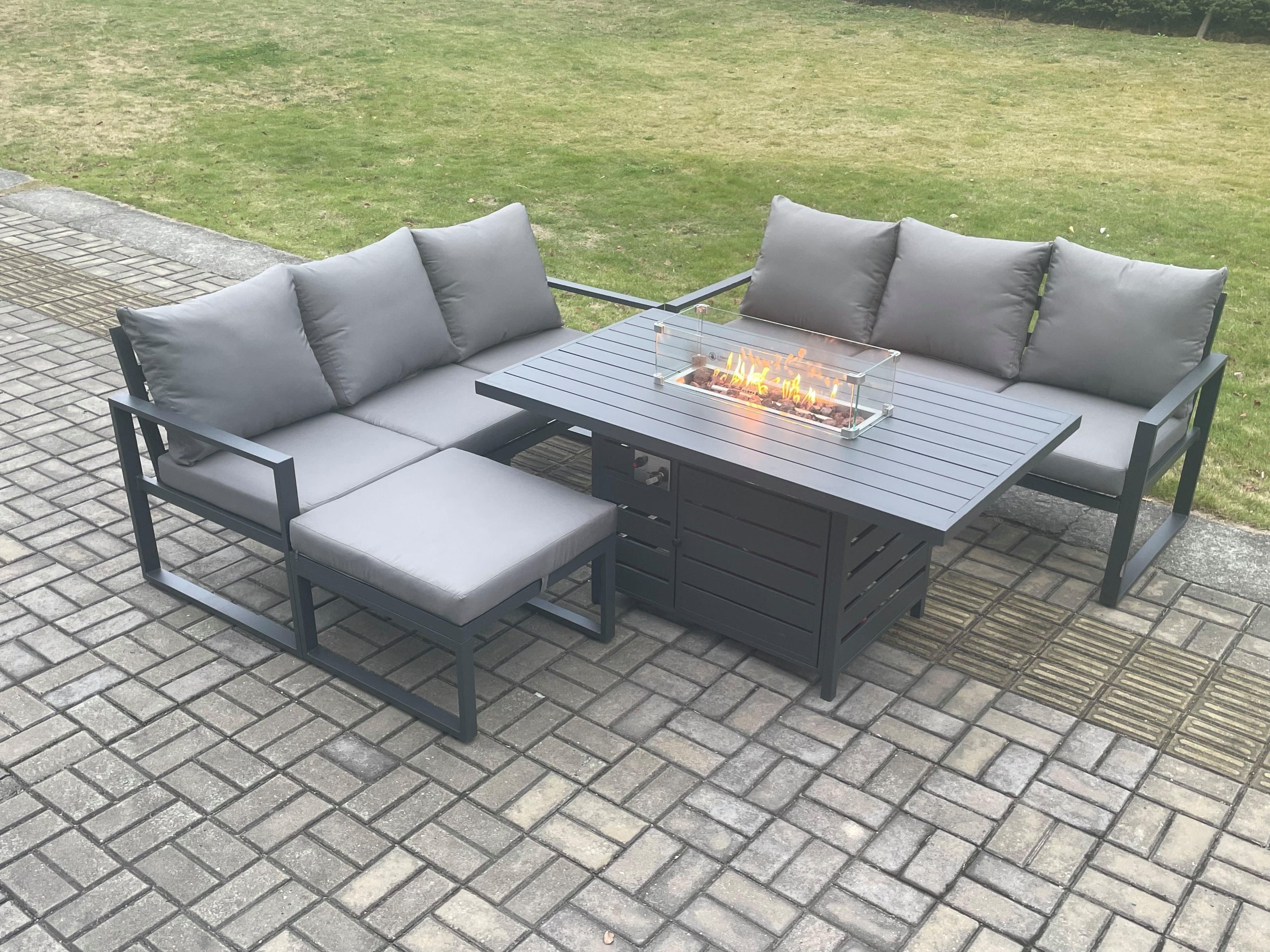 Aluminium 7 Seater Outdoor Garden Furniture Lounge Sofa Set Gas Fire Pit Dining Table Big Footstool Dark Grey