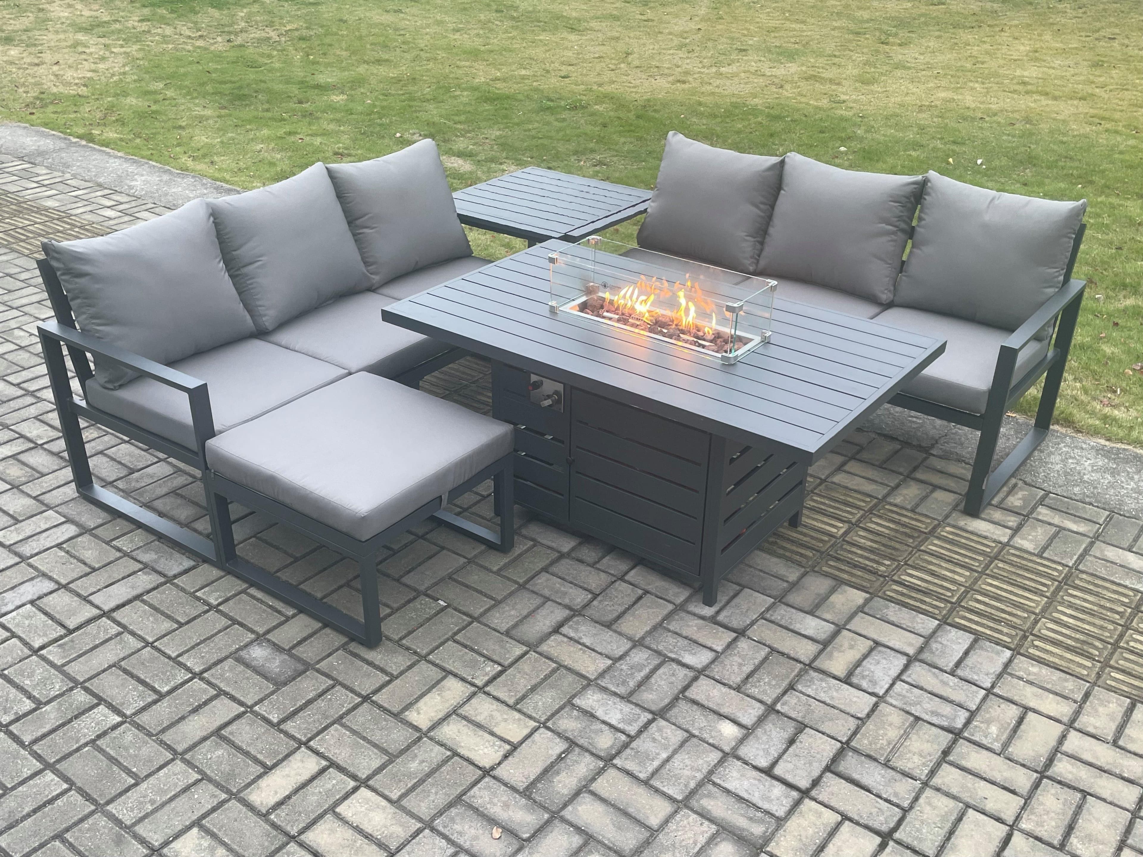 Aluminium 7 Seater Outdoor Garden Furniture Lounge Sofa Set Gas Fire Pit Dining Table Big Footstool Side Table