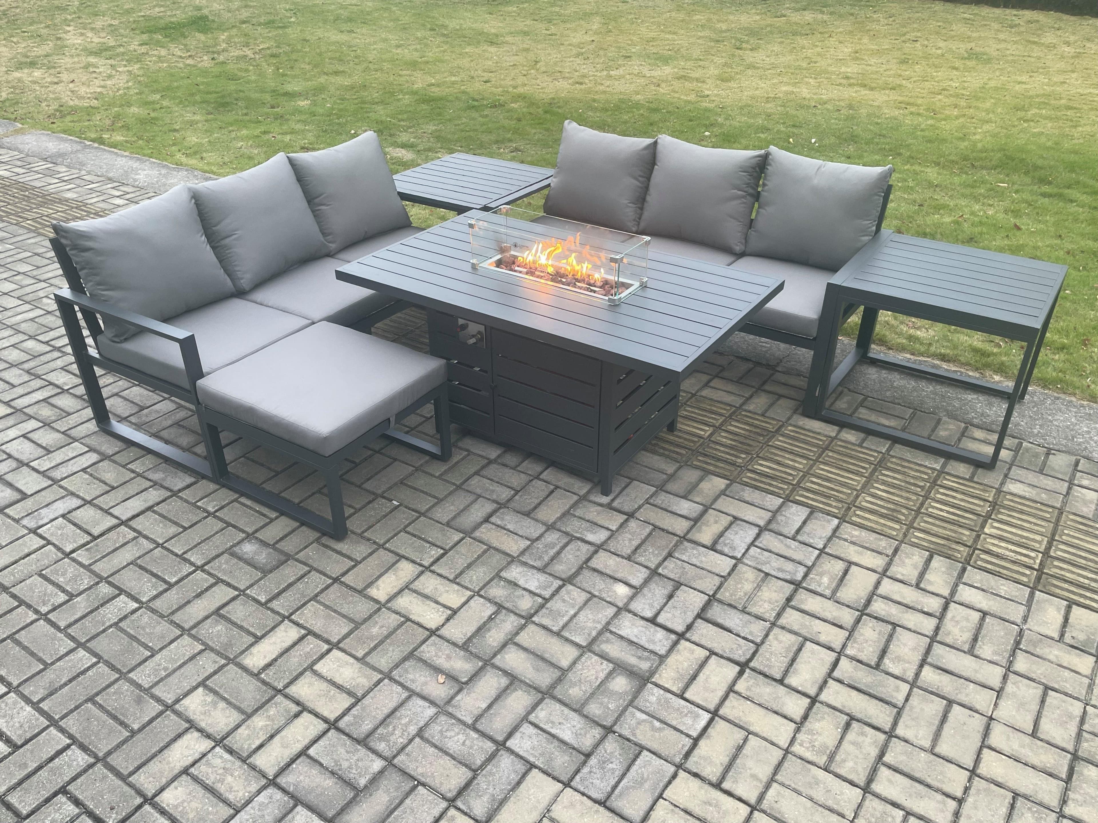 Aluminium 7 Seater Outdoor Garden Furniture Lounge Sofa Set Gas Fire Pit Dining Table Big Footstool