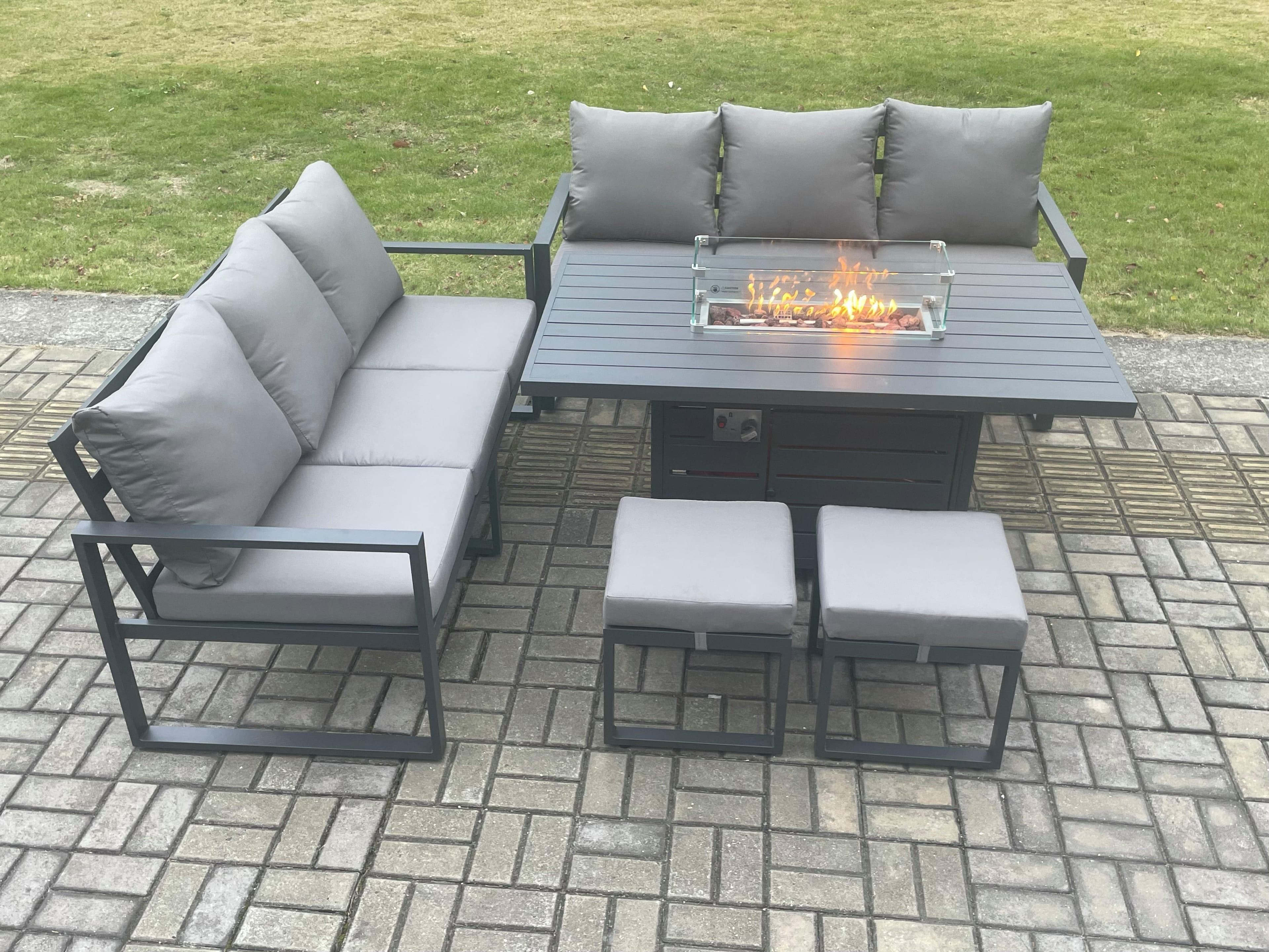 Aluminium 8 Seater Outdoor Garden Furniture Lounge Sofa Set Gas Fire Pit Dining Table 2 Small Footstools Dark Grey