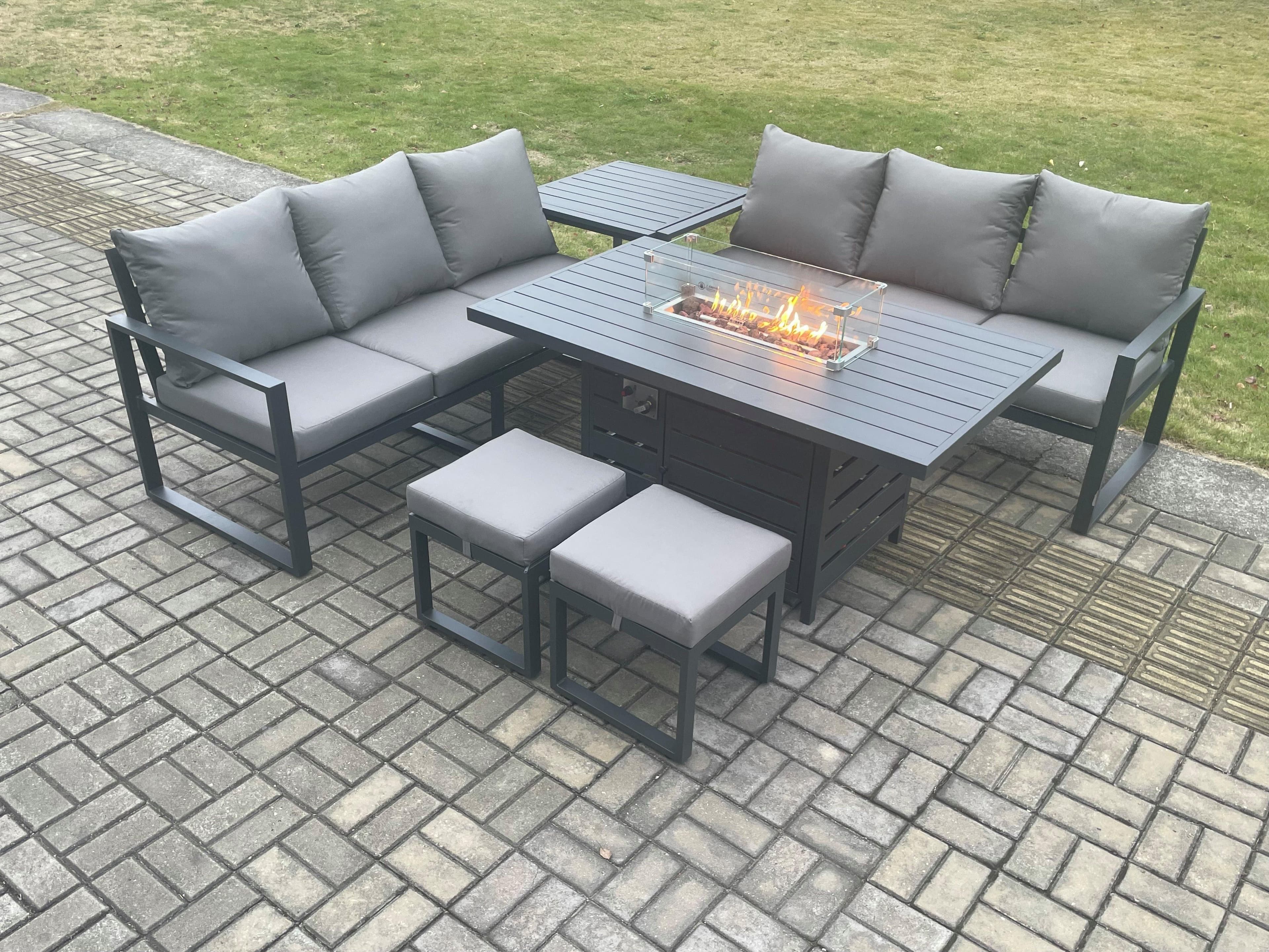 Aluminium 8 Seater Outdoor Garden Furniture Lounge Sofa Set Gas Fire Pit Dining Table 2 Small Footstools