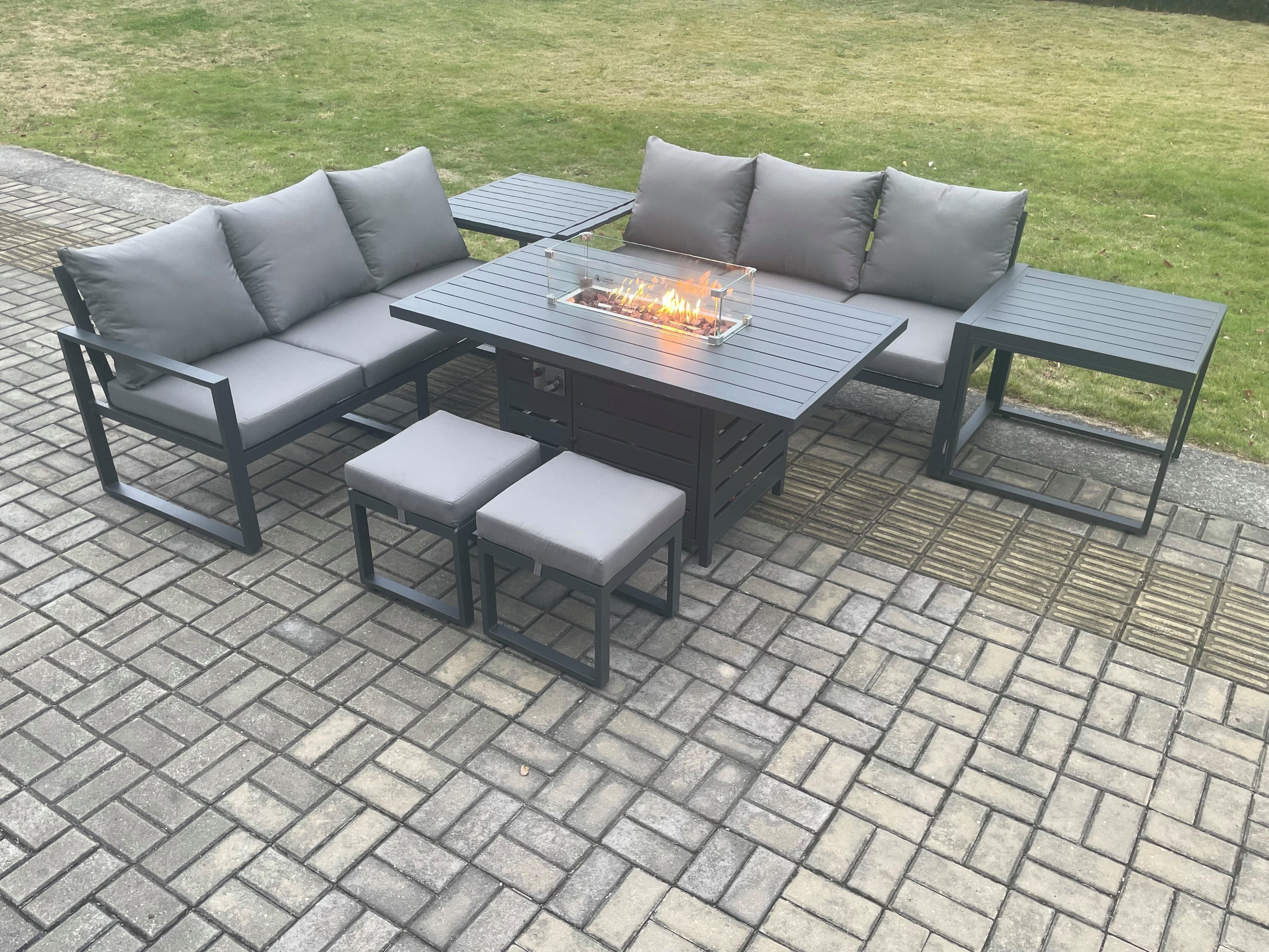Aluminium 8 Seater Outdoor Garden Furniture Lounge Sofa Set Gas Fire Pit Dining Table 2 Small Footstools 2 Side Tables Dark Grey