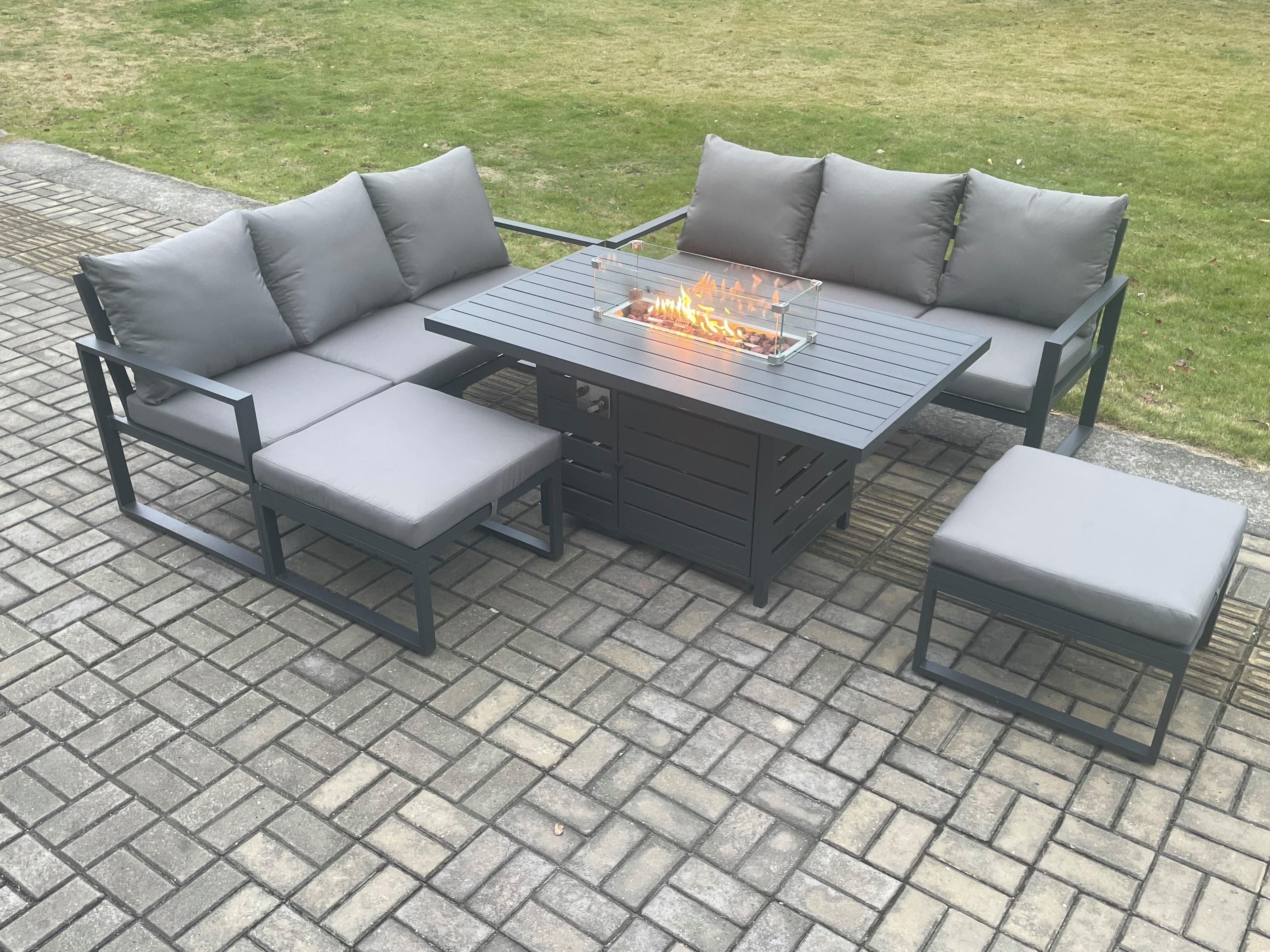 Aluminium 8 Seater Outdoor Garden Furniture Lounge Sofa Set Gas Fire Pit Dining Table 2 Big Footstools Dark Grey