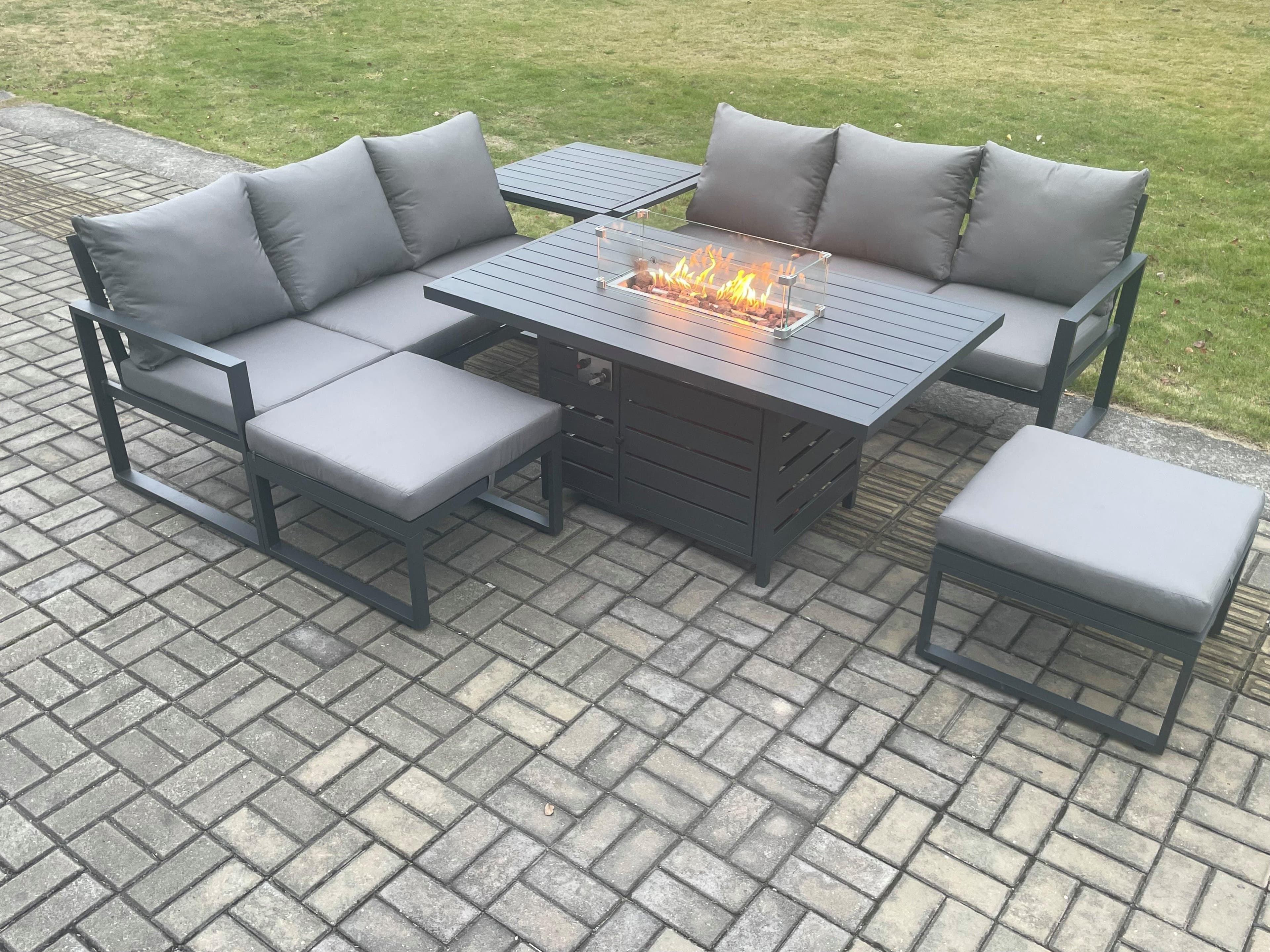 Aluminium Outdoor Lounge Sofa Garden Furniture Sets Gas Fire Pit Dining Table Set 2 Big Footstools Side Table Dark Grey