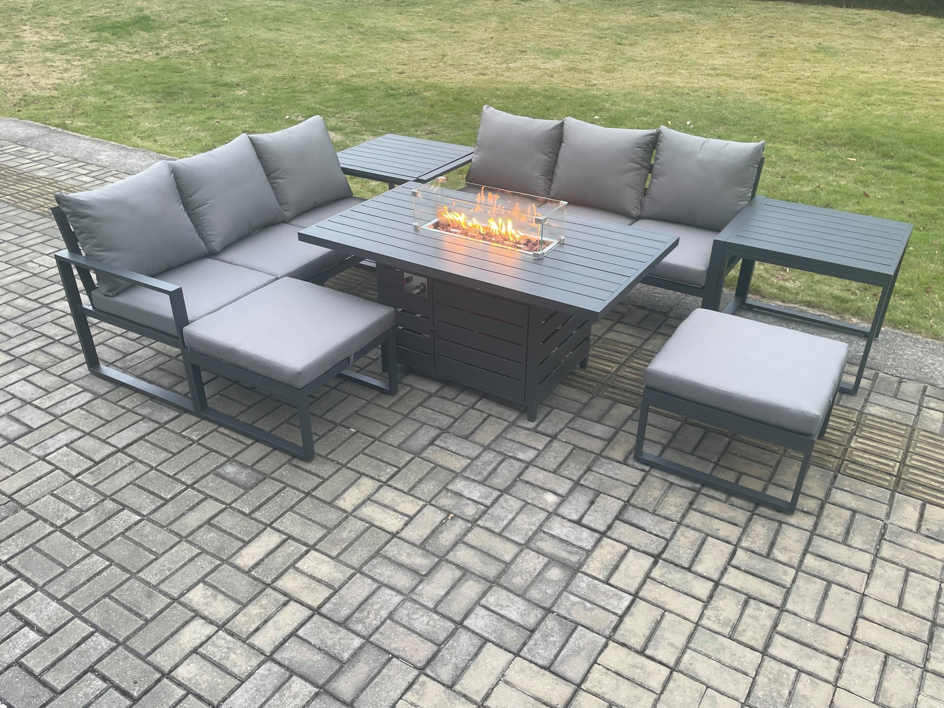 Aluminium Outdoor Lounge Sofa Garden Furniture Sets Gas Fire Pit Dining Table Set 2 Big Footstools 2 Side Tables Dark Grey