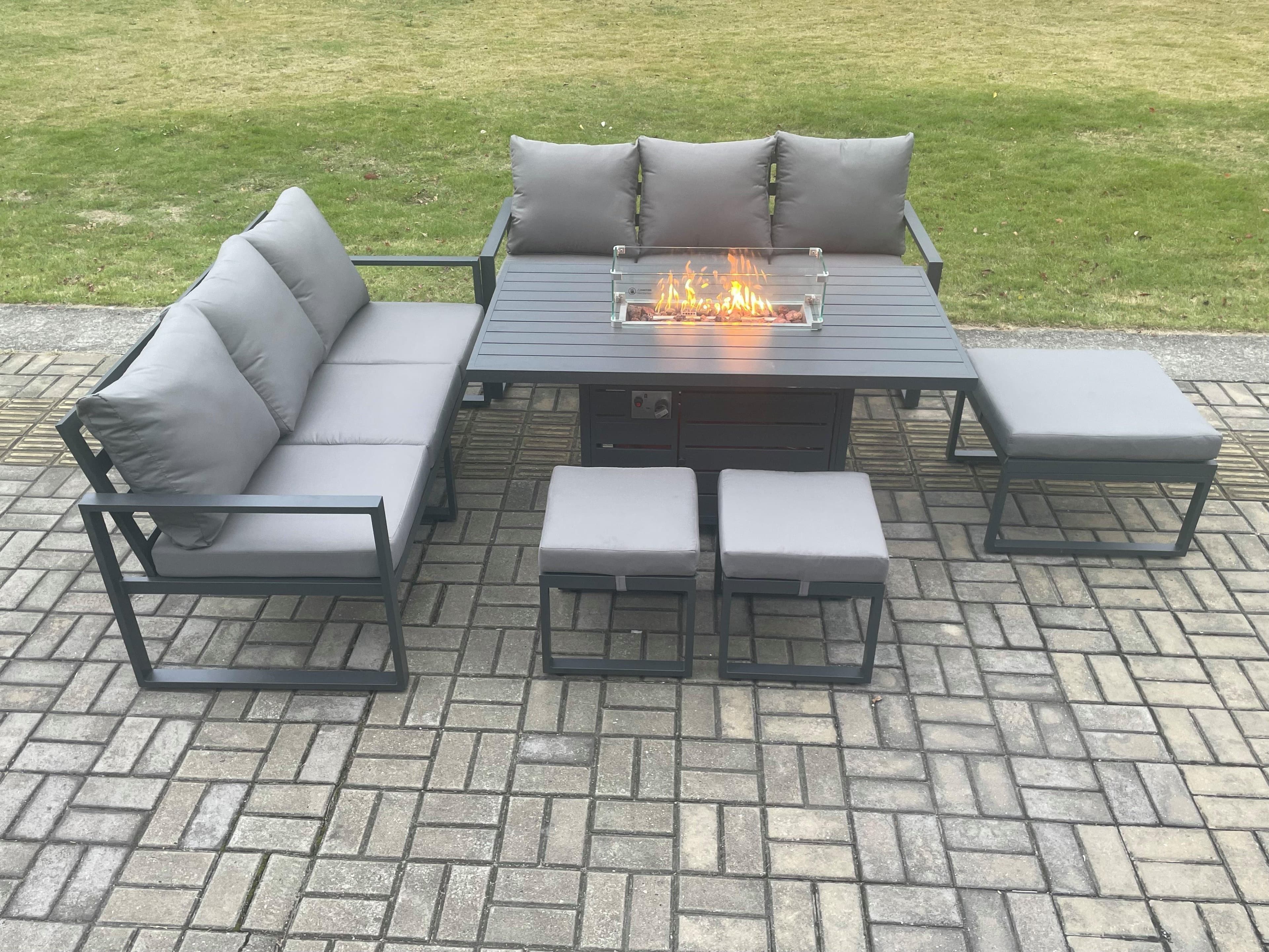 Aluminium Outdoor Lounge Sofa Garden Furniture Sets Gas Fire Pit Dining Table Set 3 Footstools Dark Grey