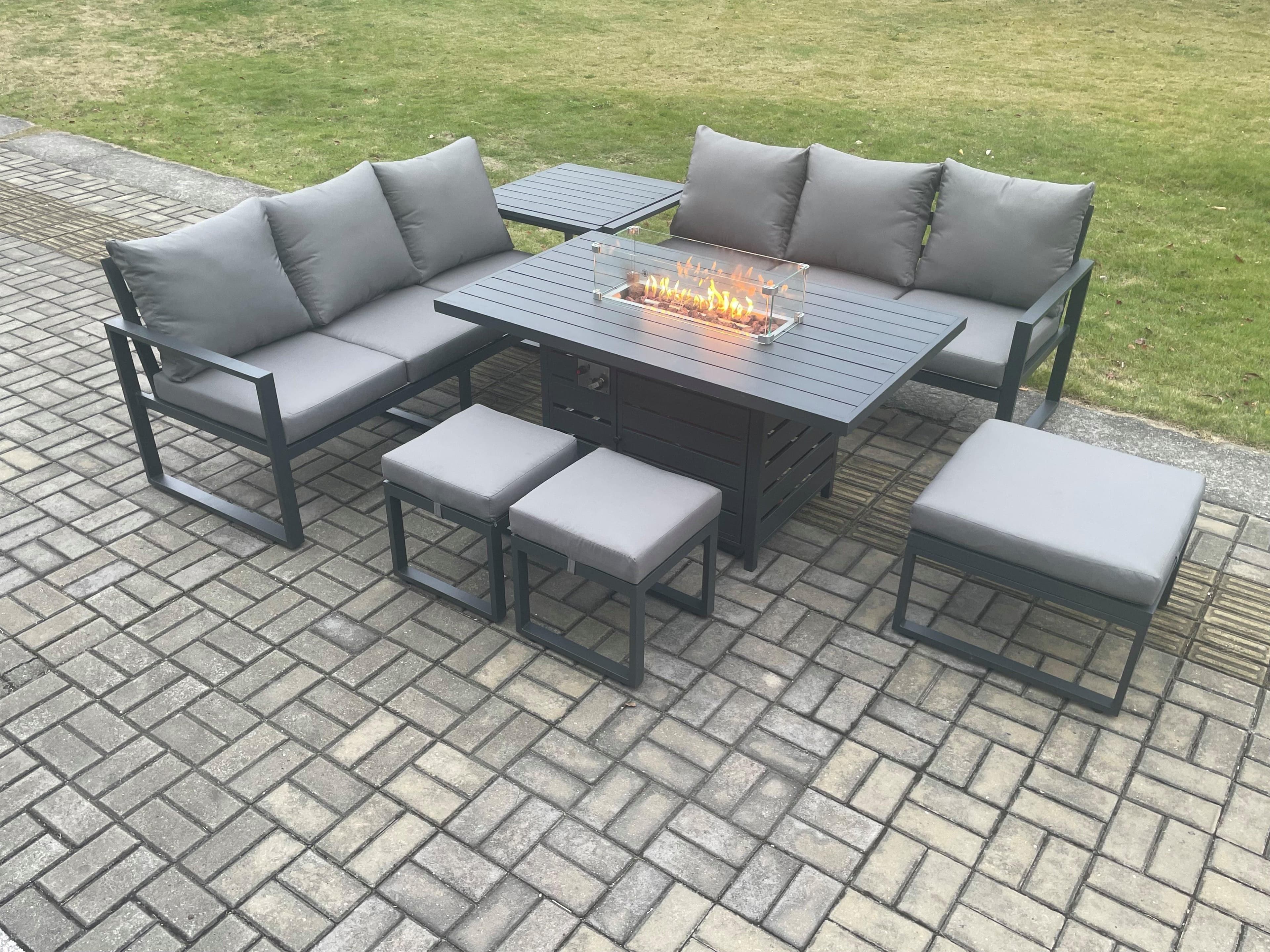 Aluminium Outdoor Lounge Sofa Garden Furniture Sets Gas Fire Pit Dining Table Set 3 Footstools Side Table Dark Grey
