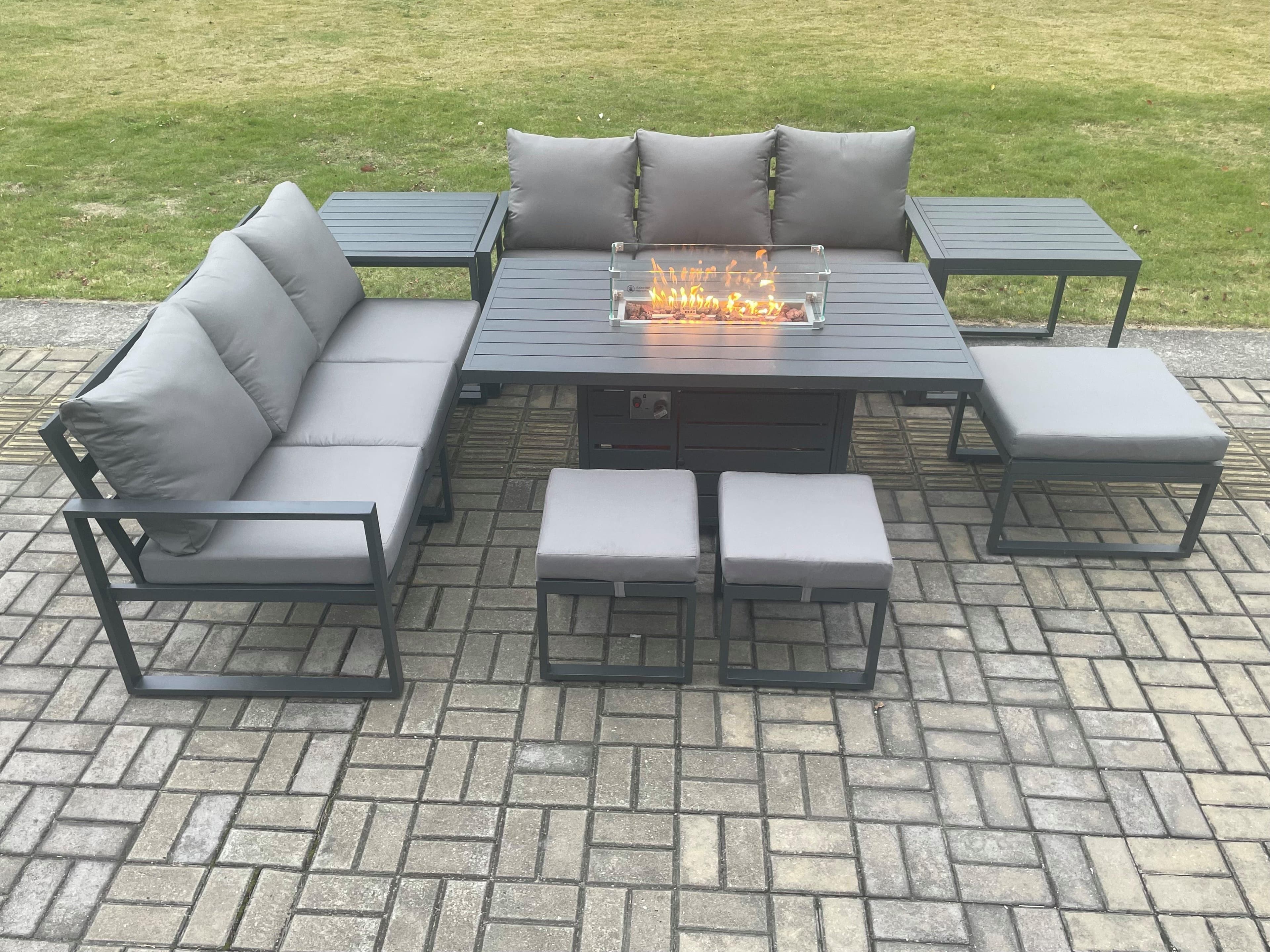 Aluminium Outdoor Lounge Sofa Garden Furniture Sets Gas Fire Pit Dining Table Set 3 Footstools 2 Side Tables Dark Grey