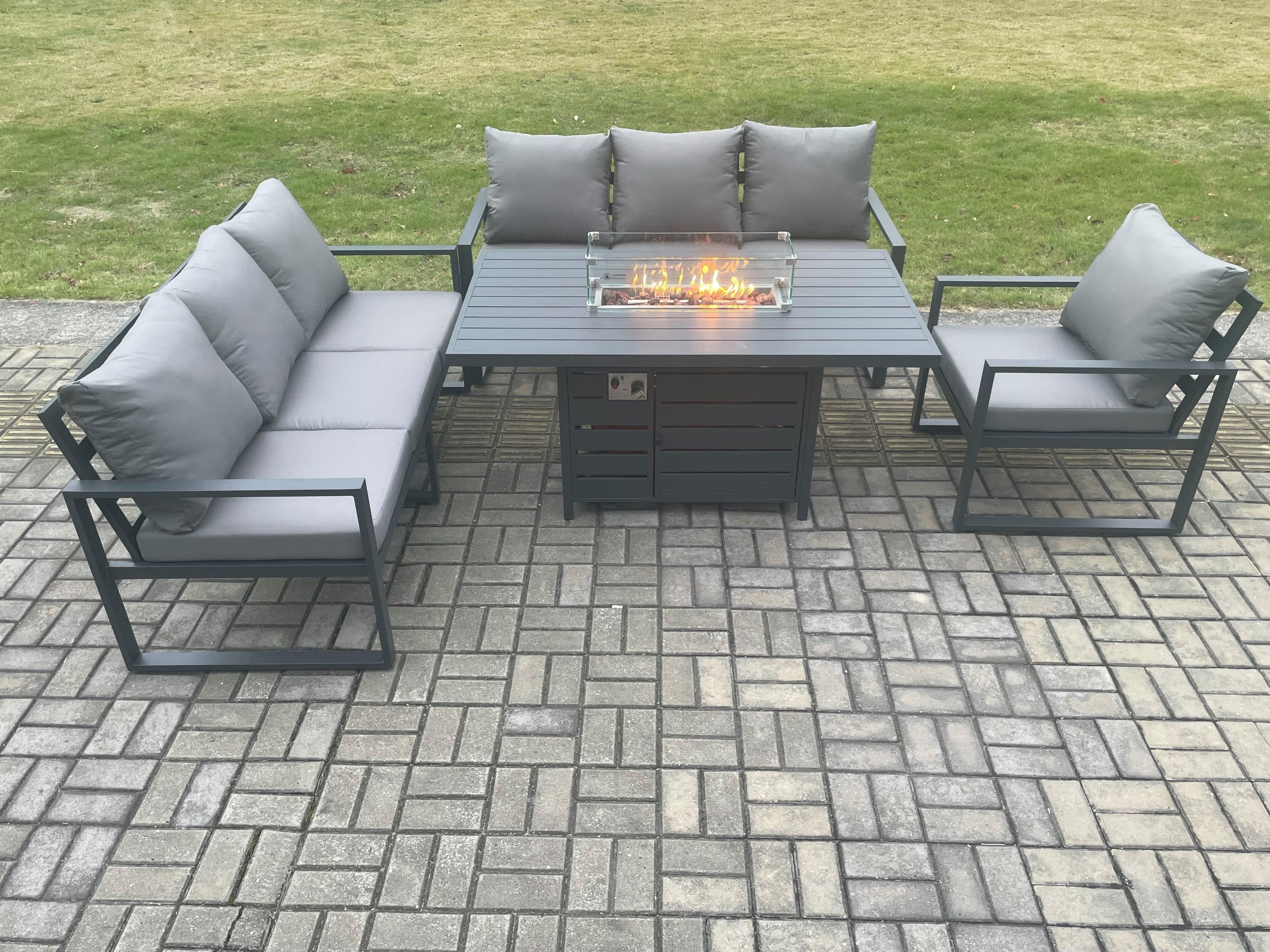 Aluminium Outdoor Lounge Sofa Garden Furniture Sets Gas Fire Pit Dining Table Set Dark Grey