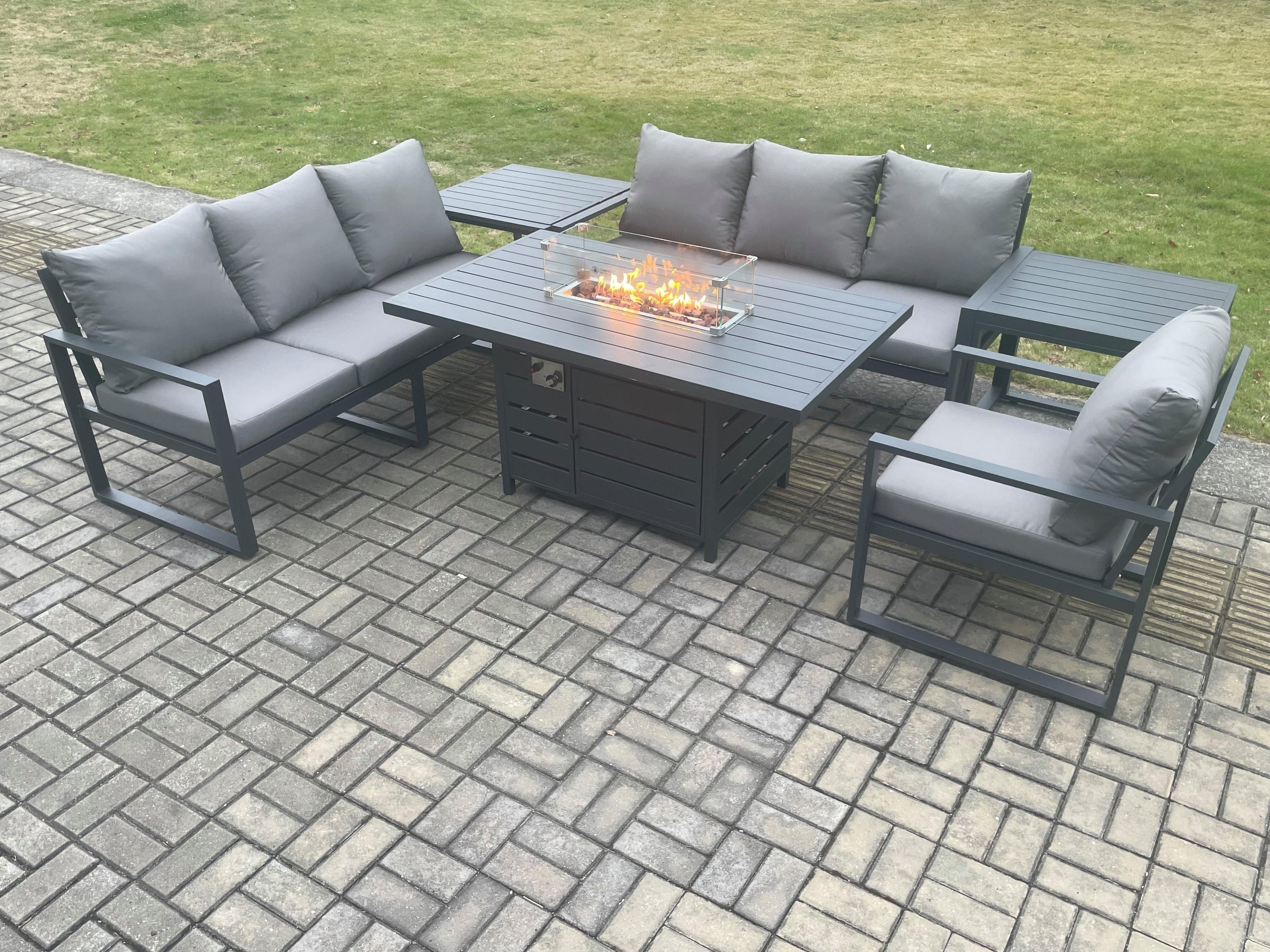 Aluminium Outdoor Lounge Sofa Garden Furniture Sets Gas Fire Pit Dining Table Set 2 Side Tables Dark Grey