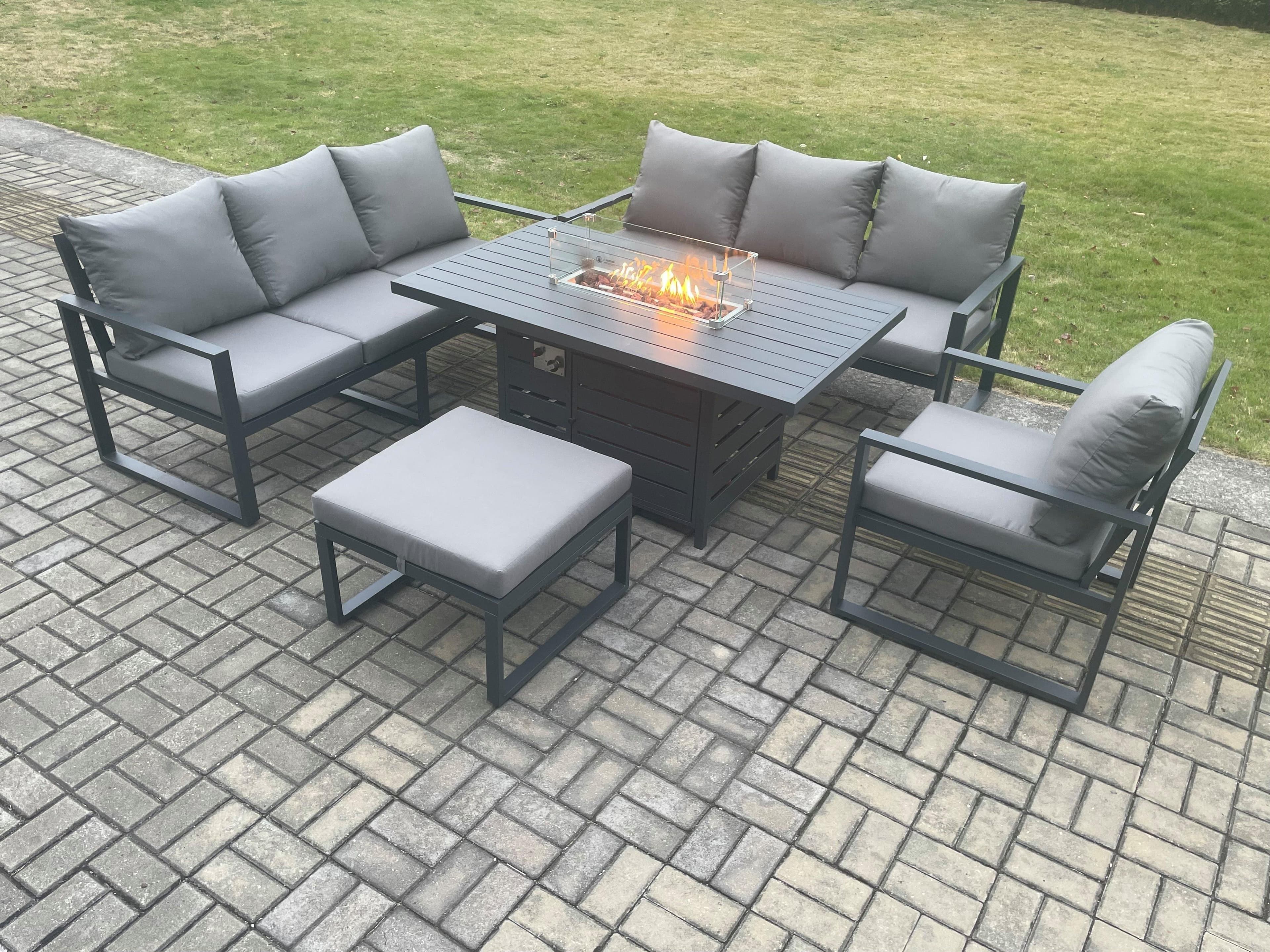 Aluminium Outdoor Lounge Sofa Garden Furniture Sets Gas Fire Pit Dining Table Set Arm Chair Big Footstool Dark Grey