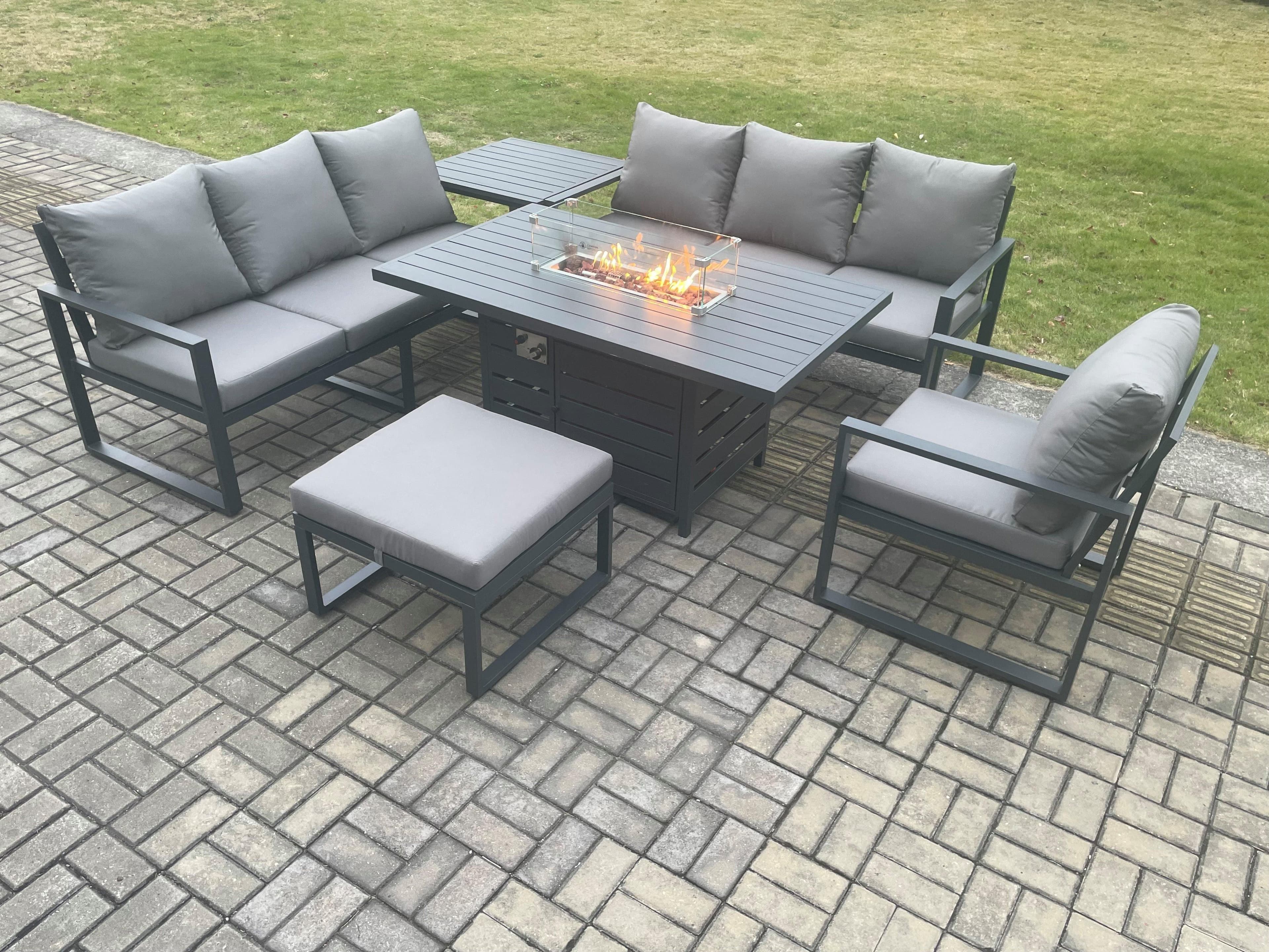 Aluminium 6 Pieces Garden Furniture Sofa Set Cushions 8 Seater Gas Fire Pit Dining Table Set Side Table Big Footstool